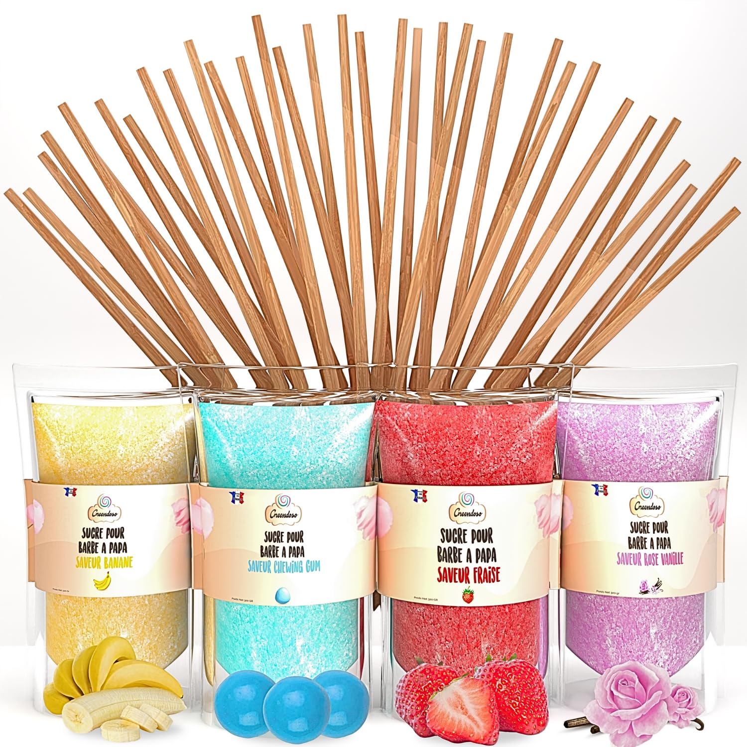 GREENDOSO® Zucchero per Zucchero Filato (4x320 gr) - Set di 4 Gusti (Fragola / Bubble Gum / Banana / Vaniglia) - 50 Bastoncini