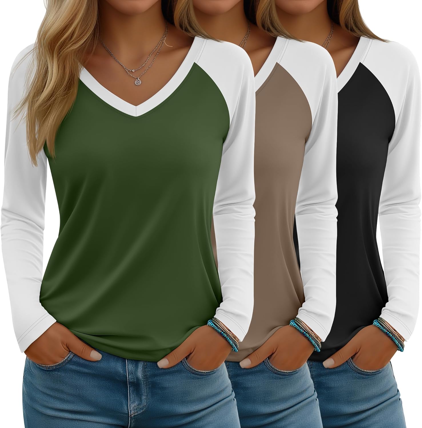 3 Pack Women's V Neck Long Sleeve Shirts, Raglan Color Block Tees Baseball Style Loose Casual Tops