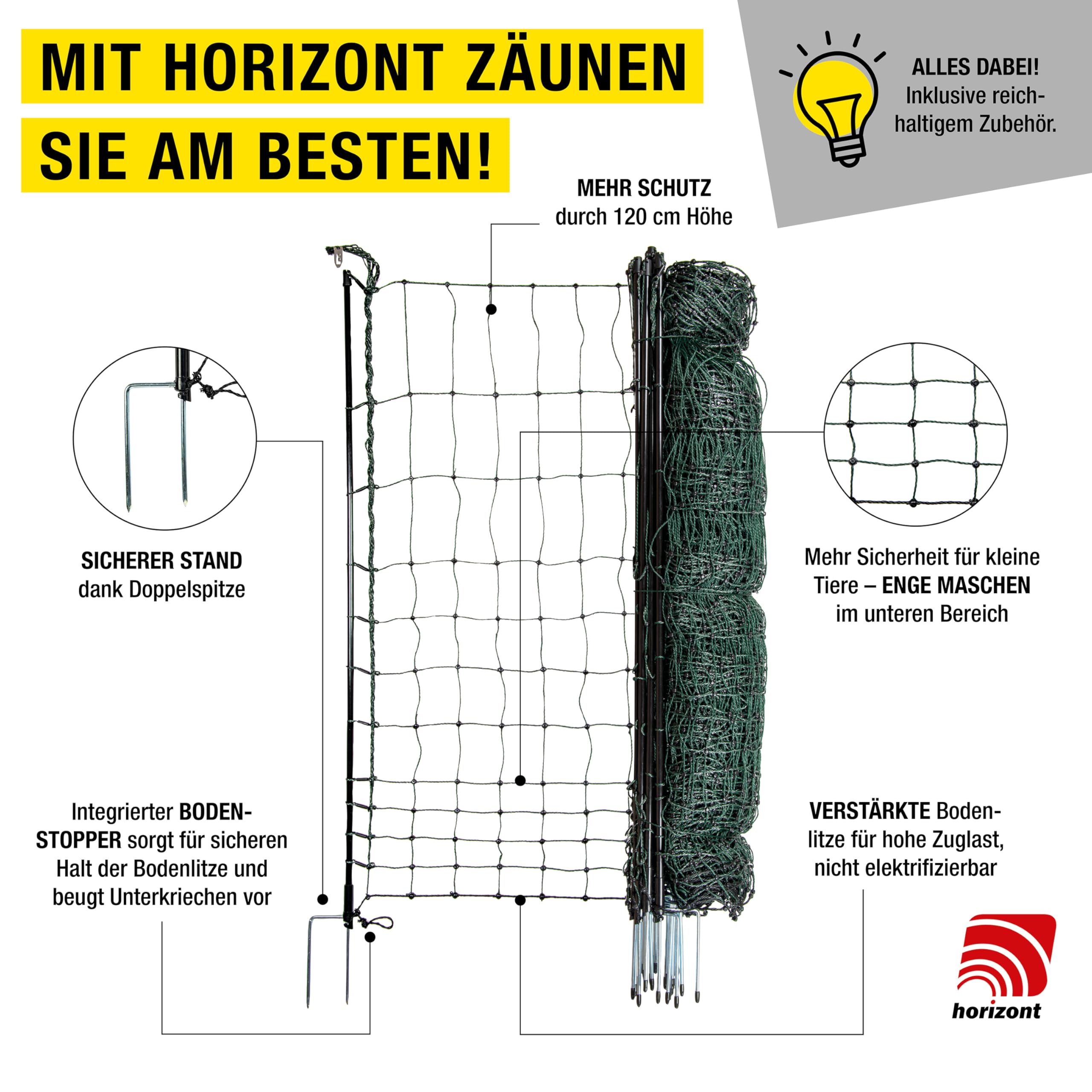 horizont strongLine Camping Hundezaun 50m lang, 120cm hoch - 15 Fiberglaspfähle Doppelspitze ohne Strom, grün, Zaun für Hunde, mobiler Zaun für Garten, Hof & Camping