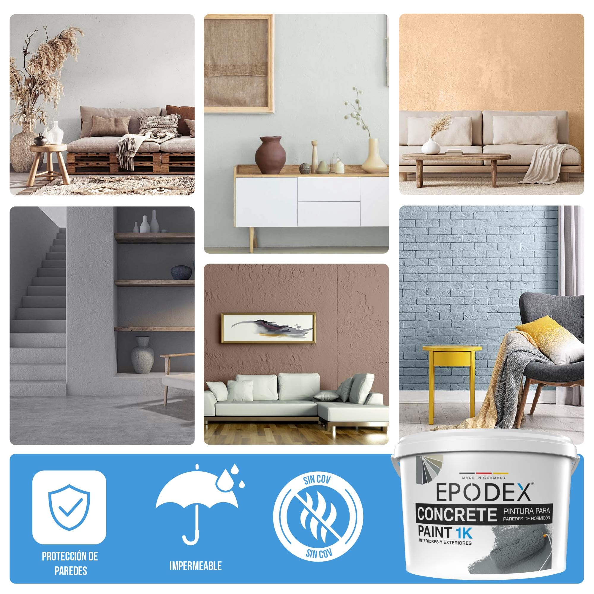 EPODEX Pintura para hormigón 1K, Pintura para paredes y suelos, resistente a rayos UV y abrasión, Interior y exterior sin agua constante, 1kg (8m² por capa) - Blanco polar