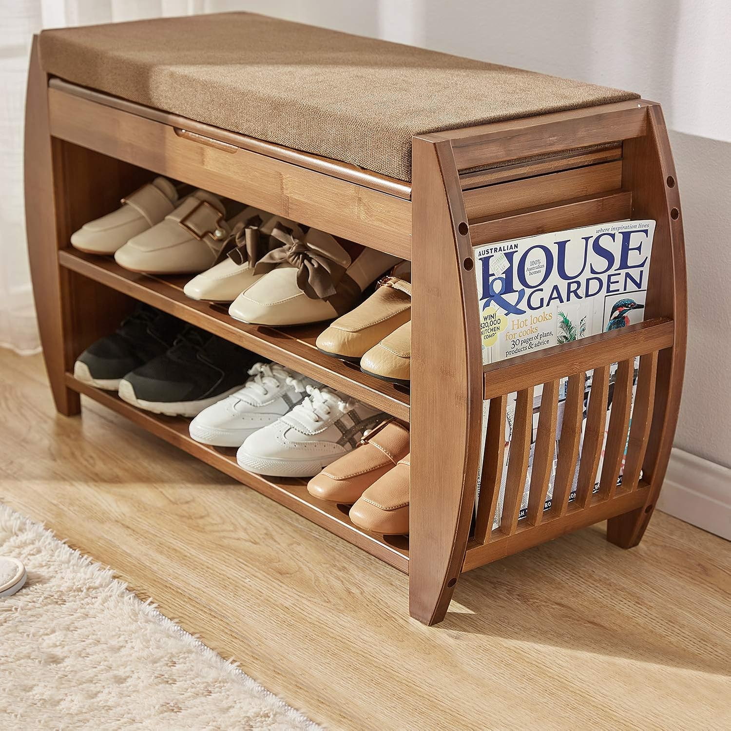 Bamboo Shoe Rack & Shoe Bench, Entryway Storage Organizer, Multi Function for Hallway Bathroom Living Room Corridor and Garden, Detachable Cushion with Hidden Storage Compartment (32.3×18.3×11.2)
