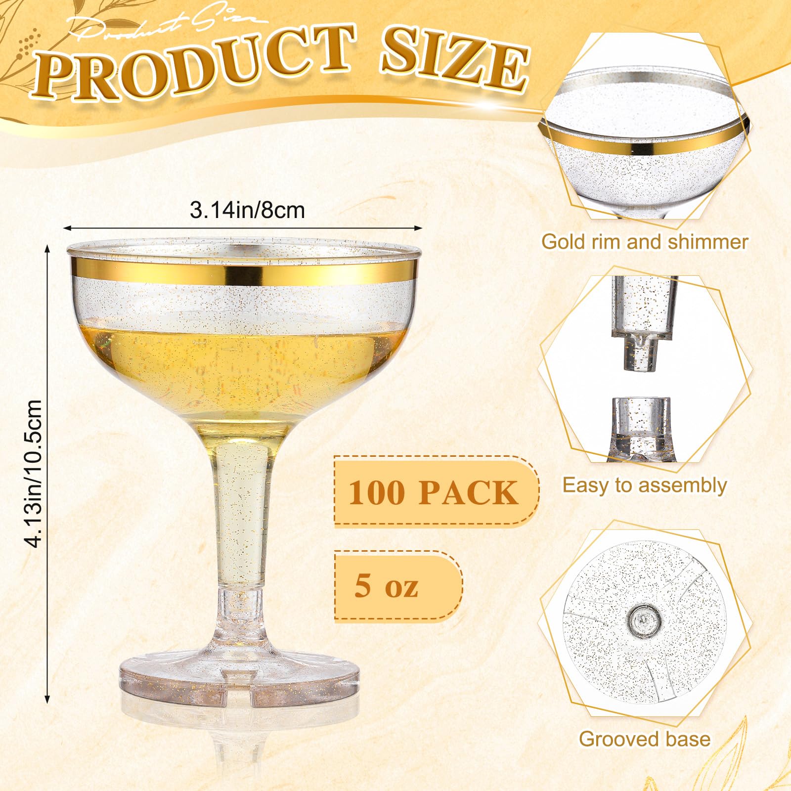 Zopeal 100 copas de champán de plástico de 5 onzas, vasos de plástico inastillables, vasos de cóctel desechables, apilables y reutilizables, copas de vino para bodas (borde dorado, purpurina dorada)