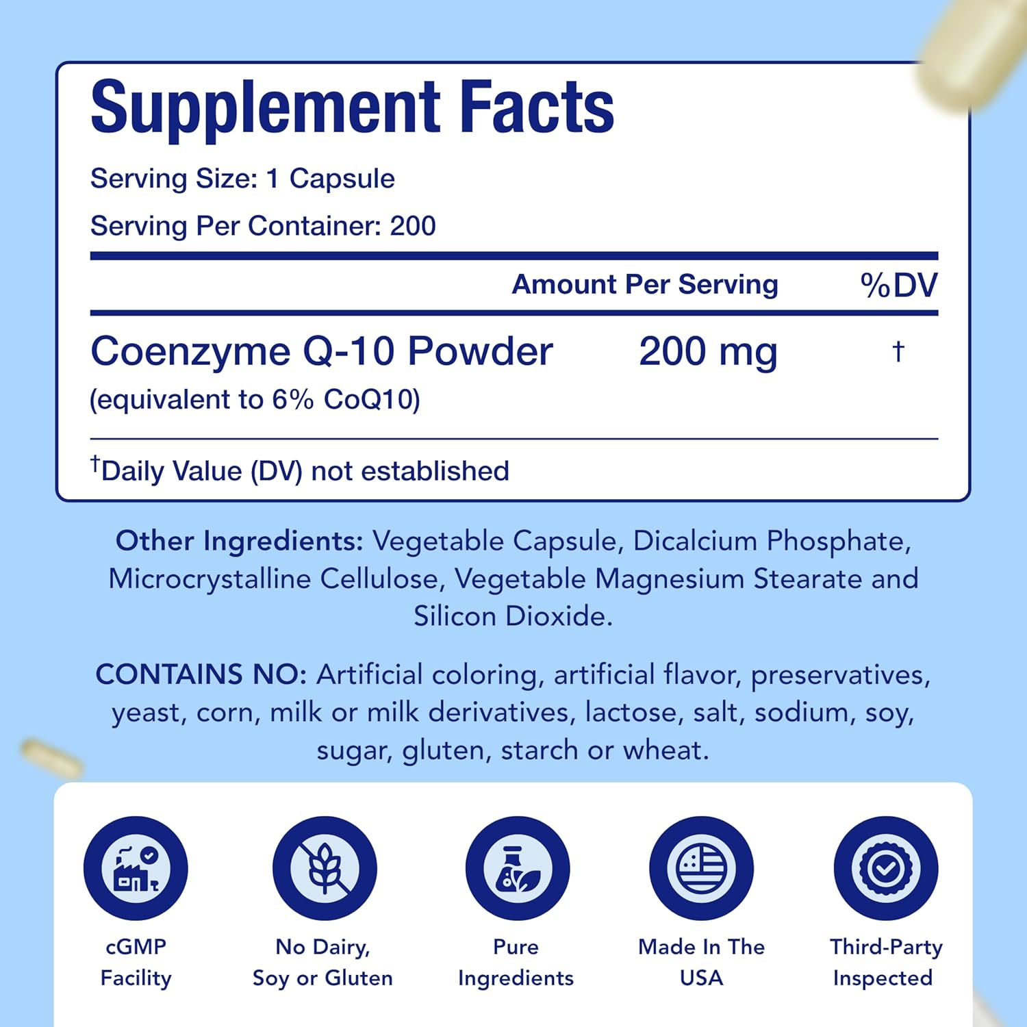 CoQ10 200mg Capsules | Vegan Friendly Coenzyme Q10 200mg from Easy Absorption Ubiquinone Supplement for Skin Heart and Energy Support | Made in The USA in cGMP Facilities (200 Servings)