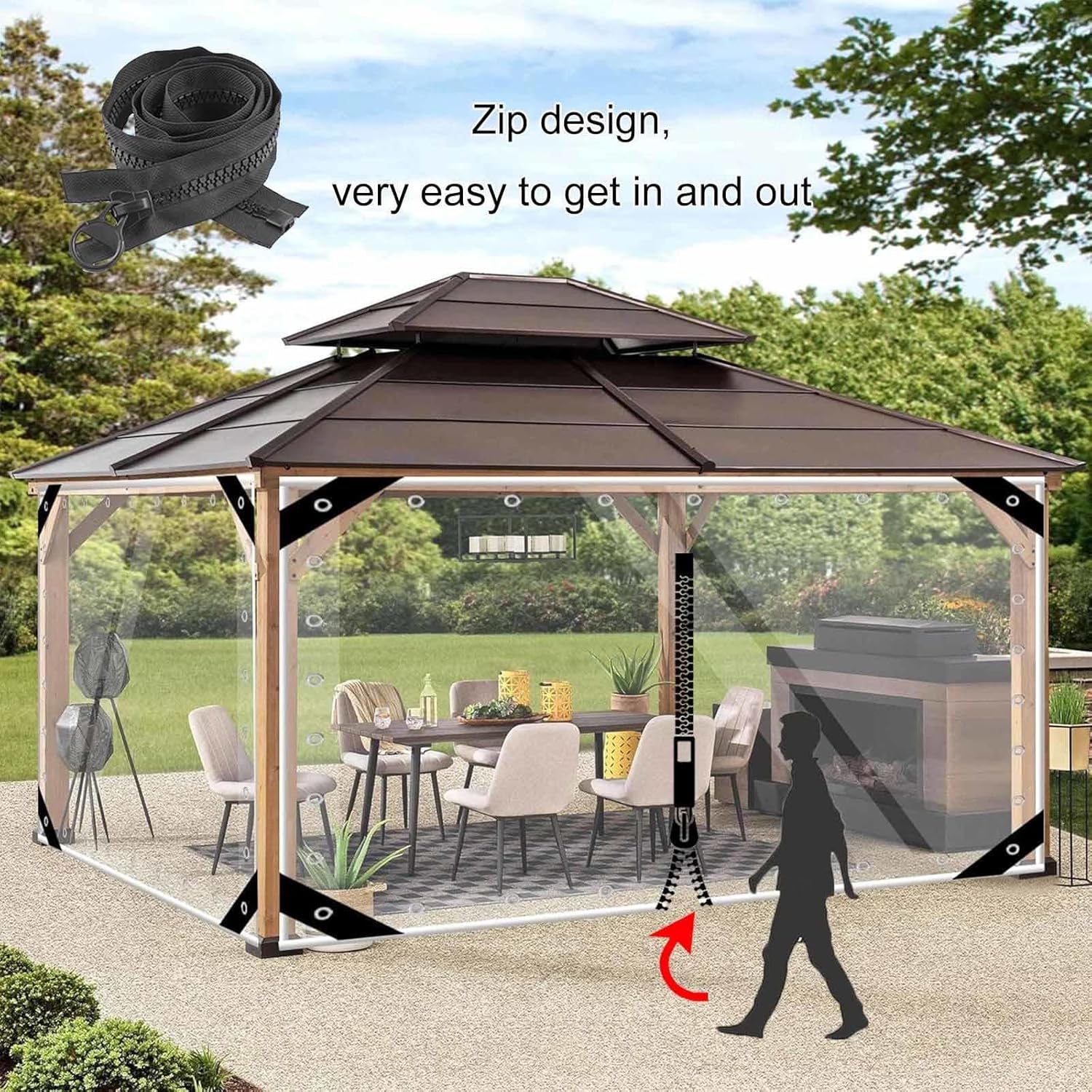 Waterproof Tarpaulin with Grommets,0.5mm PVC Transparent Tarpaulin Side Panels,Outdoor Clear Tarp Curtains, Pergola Gazebo Patio Partition Curtains with Zipper,Weatherproof,L×H-5.5 * 2.8m(18 * 9.2ft)
