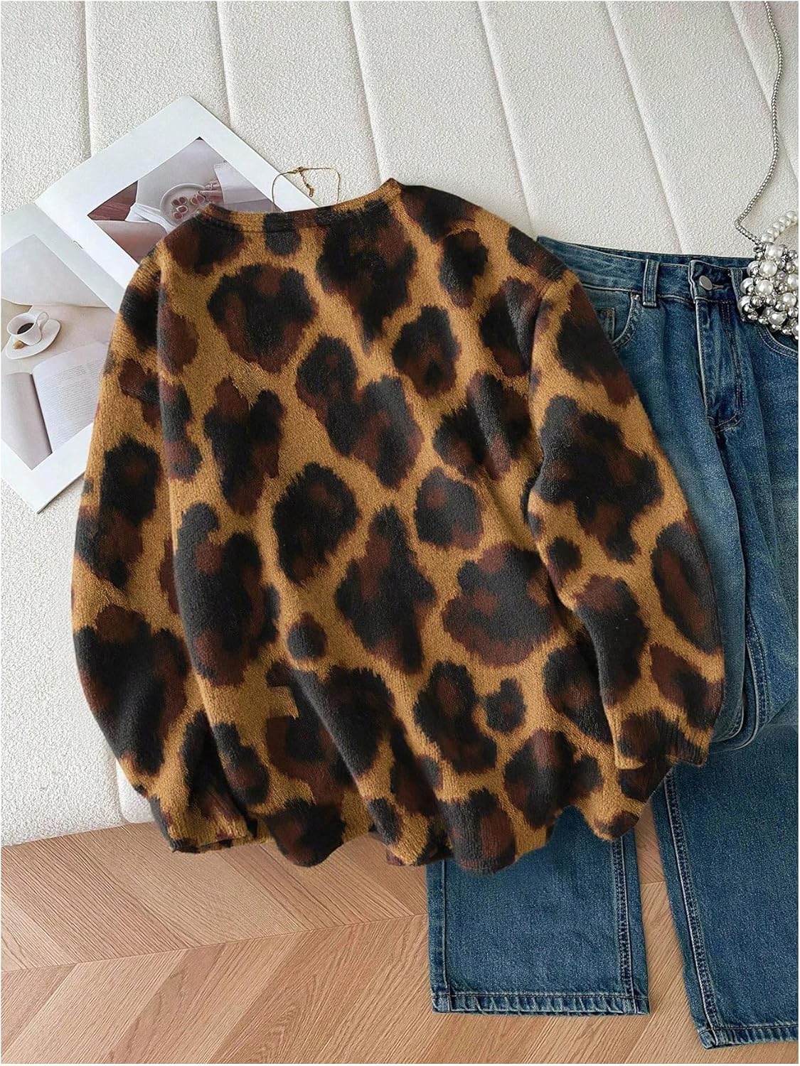 Women's Cheetah Cardigans Button Down V Neck Long Sleeve Sweaters Knit Tops - Image 2