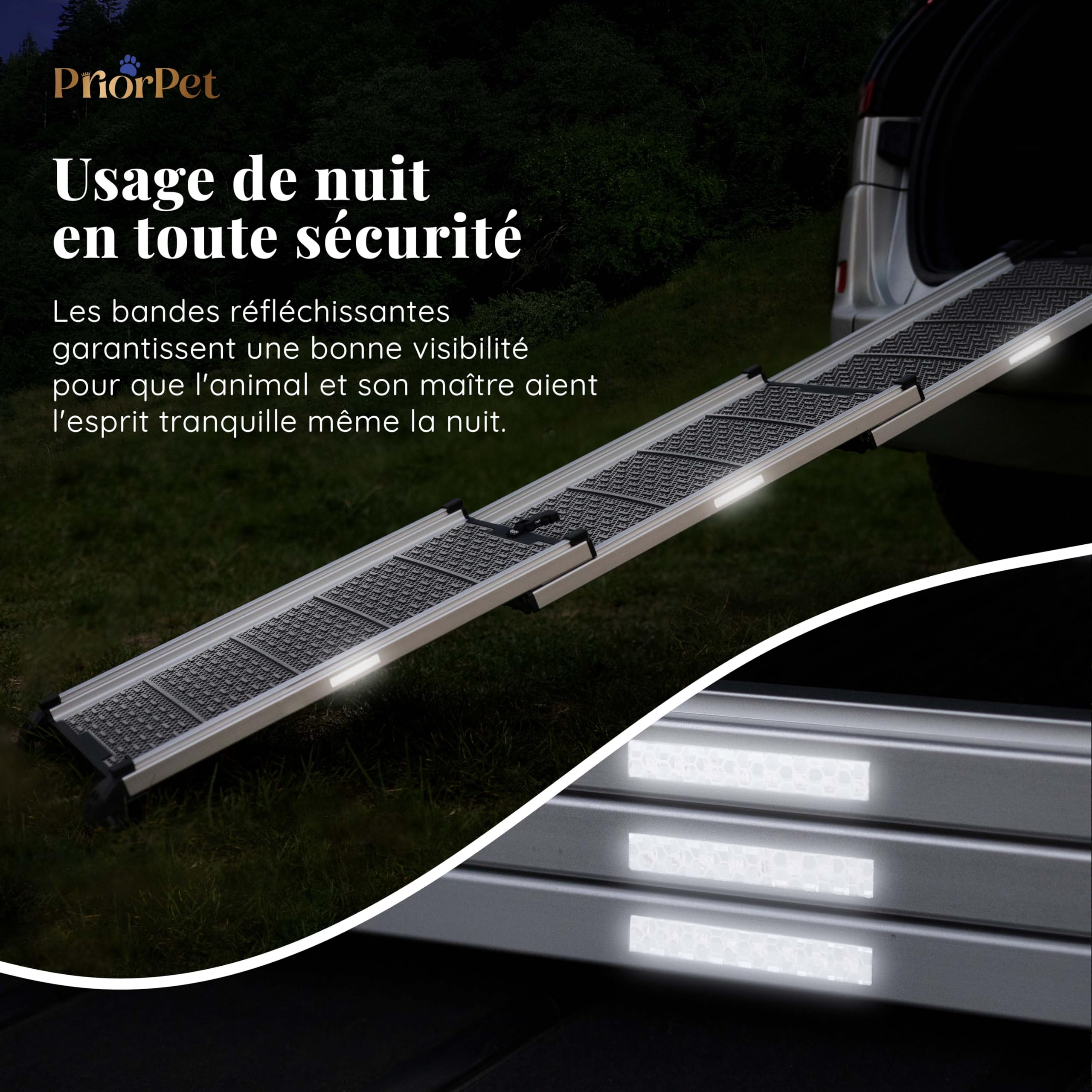 Rampe pour Chien Voiture, SUV - Rampe télescopique Extensible pour Grands Chiens - Stable - Antidérapante - Bordures réfléchissantes pour la sécurité de Nuit - Capacité 90kg - Clip de Fixation Gris