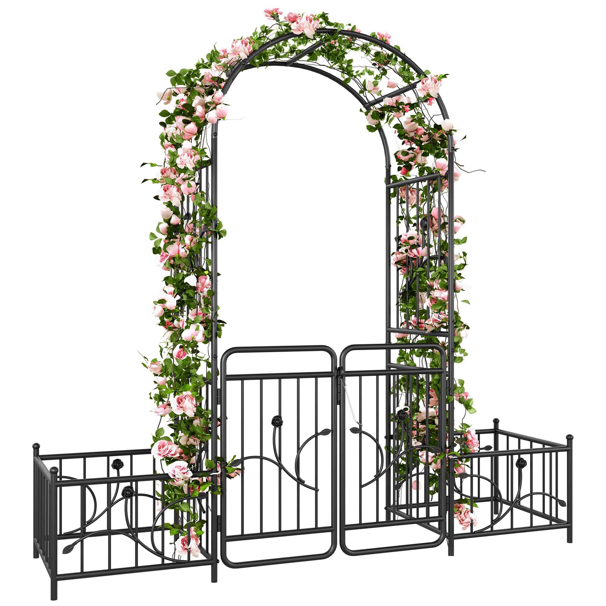 YITAHOME 87" Garden Arch Arbor with Gate, Metal Garden Arch with Side Planters for Climbing Plants Outdoor, Wedding Arches for Ceremony, Black Garden Archway for Lawn, Patio and Backyard