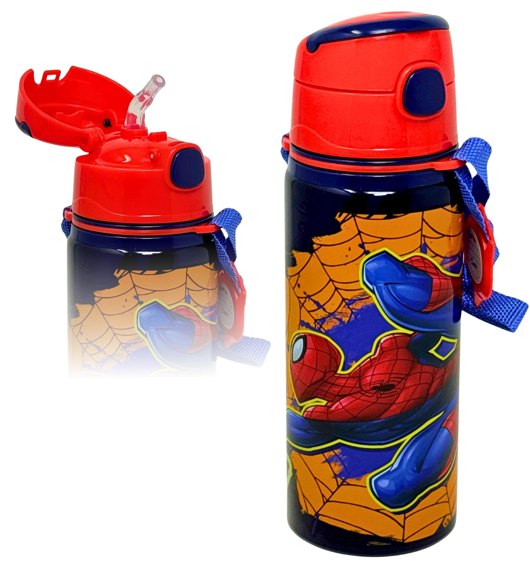 Clondo Borraccia Bambini 600ml Alluminio Cannuccia Tracolla Bottiglia Acqua Anti-Goccia Spiderman