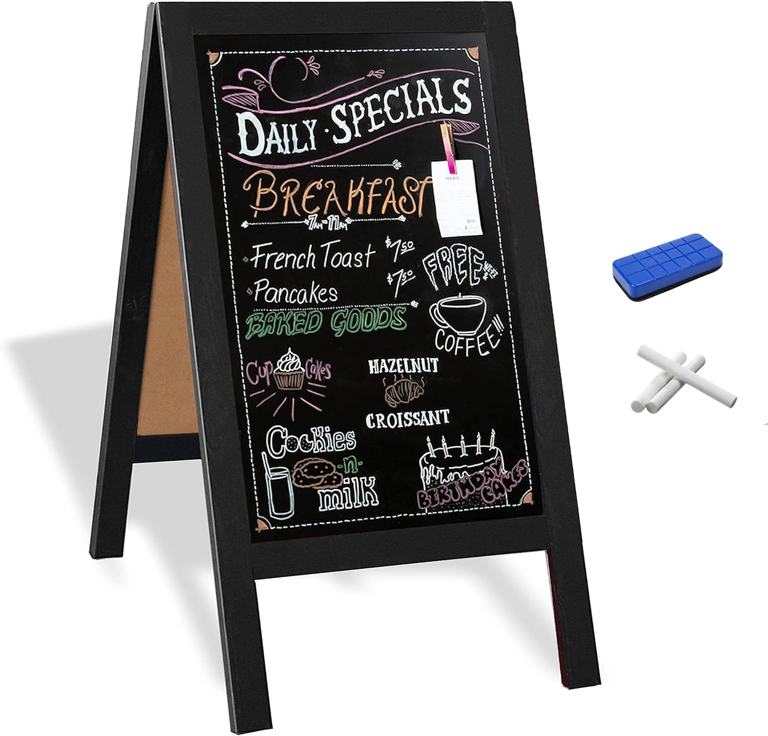 Ilyapa Wooden A-Frame Chalkboard Sign with Eraser, 40 x 20 Inch Magnetic Sidewalk Menu Board, Black Menu Display for Restaurant, Business, or Weddings