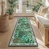 Yamaziot Hallway Runner Rug 2x6 – Jungle Animal Print Linen Rug with Non Slip Backing, Low Pile Washable Distressed Boho Carpet for Indoor Outdoor Rug, Kitchen, Bedroom, Entrance, Forest Green