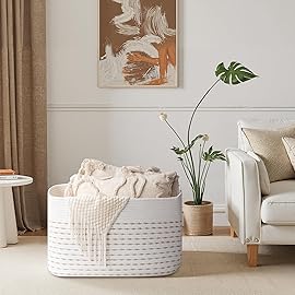 OIAHOMY 75L Blanket Basket, Woven Cotton Rope Basket for Organizing 22x17x12, Used for Living Room, Bedroom, Nursery, Light Yellow & White