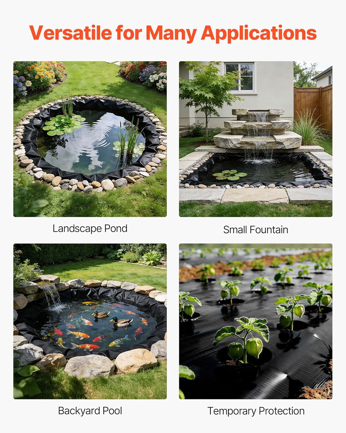 VEVOR 15 x 20 ft Pond Liner, 14 Mil Thickness, 3-Layer Reinforced PE Fish Koi Pond Liner for Outdoor Ponds, with Hemmed Edge and 4 Metal Buttonholes, for Water Garden, Waterfall, and Fountains, Black