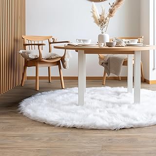 White Fluffy Faux Fur Rug, 5 ft Round – Soft and Cozy Circle Rug for Kid...