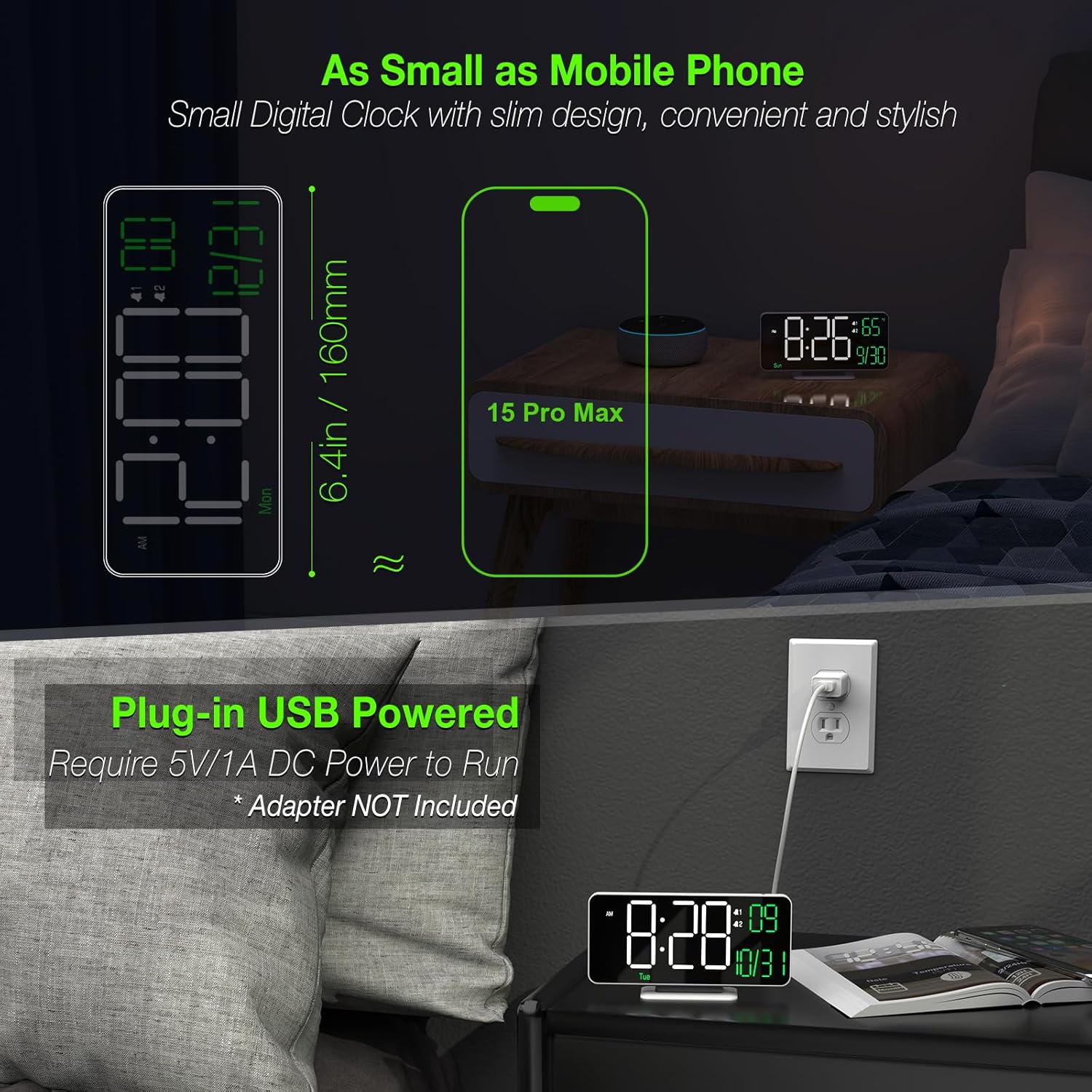 KOSUMOSU Digital Alarm Clock showing different brightness levels: High, Medium, Low, Auto, and Off.