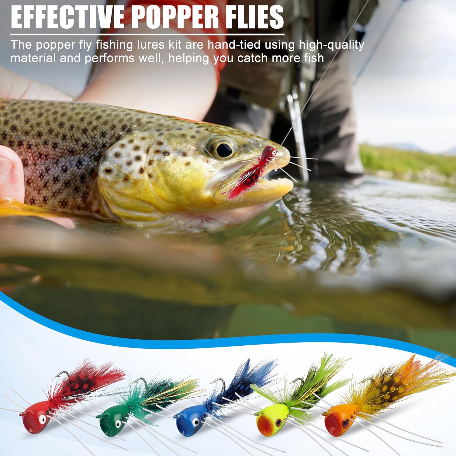 OROOTL Fly Fishing Popper Flies Kit Colorful Fly Fishing Flies Popper Lures Foam Float Popping Bugs Lures Accessories for Trout Panfish Bluegill Bass Sunfish Salmon