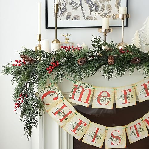 Miniatura 3 de MIZII Guirnalda de pino artificial de 6 pies con bayas de piña, guirnalda de vegetación, decoraciones navideñas para chimenea, decoración del hogar,