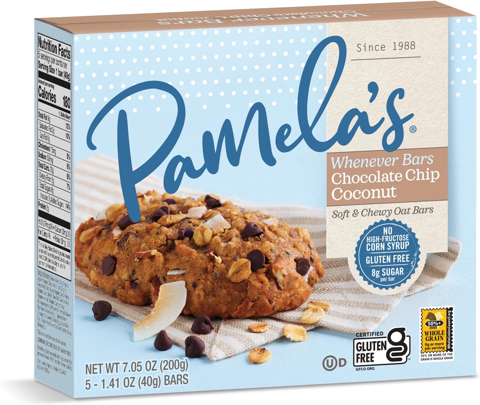Pamela’s Whenever Bars for Breakfast and On-The-Go Snacks, Soft and Chewy Gluten Free Oat Bars, Chocolate Chip Coconut, 7.05 Ounce, 5 Count (Pack of 1)