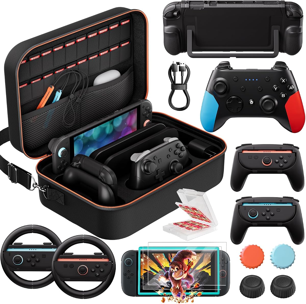 VORI Switch 2 Pro Controller Accessories Bundle for Nintendo Switch 2, 15-in-1 Carrying Case Kit with Dockable Cover, Screen Protectors, Joy-Con Grips, Steering Wheels, Thumb Grips & Game Card Case