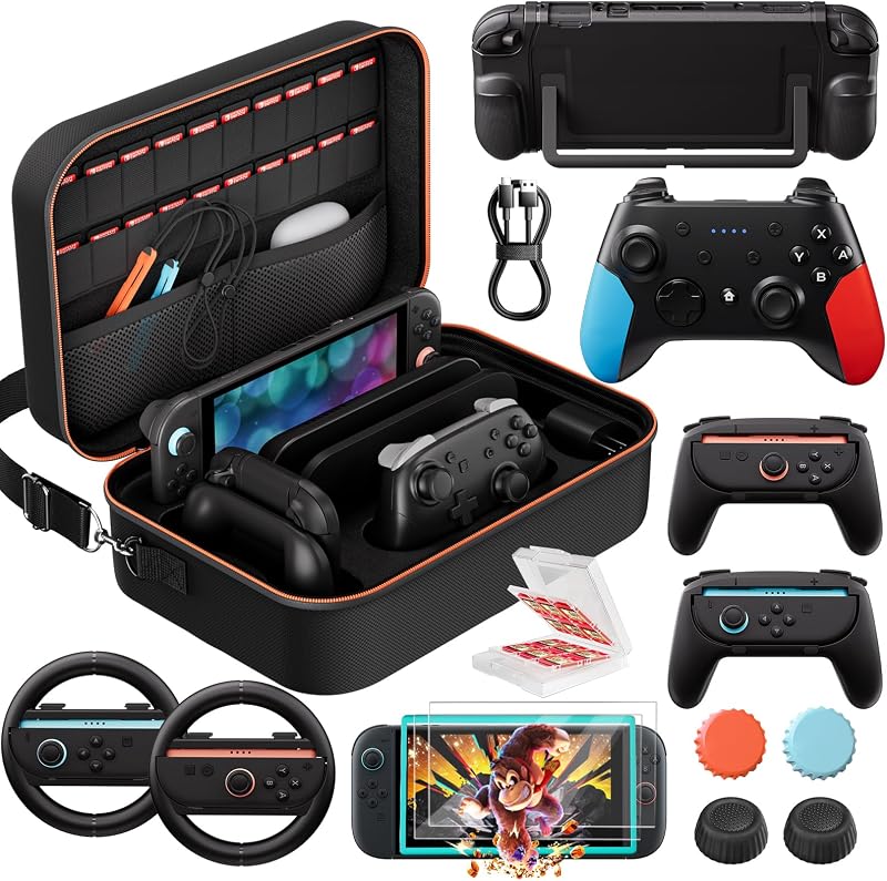 VORI Switch 2 Pro Controller Accessories Bundle for Nintendo Switch 2, 15-in-1 Carrying Case Kit with Dockable Cover, Screen Protectors, Joy-Con Grips, Steering Wheels, Thumb Grips & Game Card Case