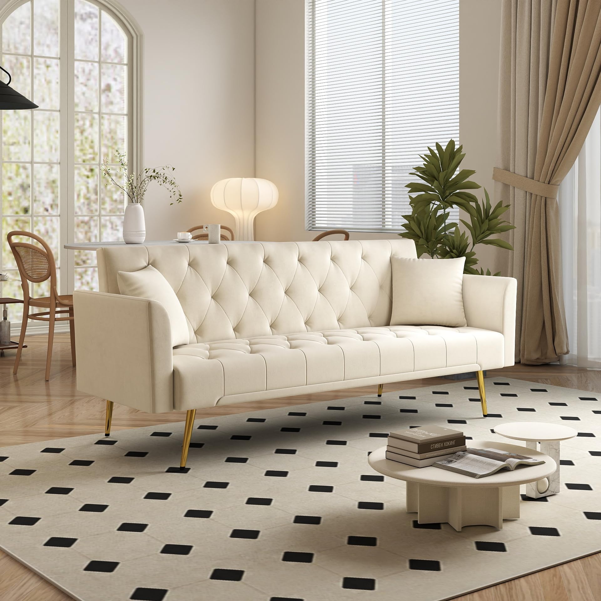 KEIKI 72" Futon Sofa Bed, 2-in-1 Loveseat, Velvet Upholstered Couches for Living Room, Sofa Sleeper for Small Space, Comfy Supportive Rest Space Elegant Modern Studio Design, Beige