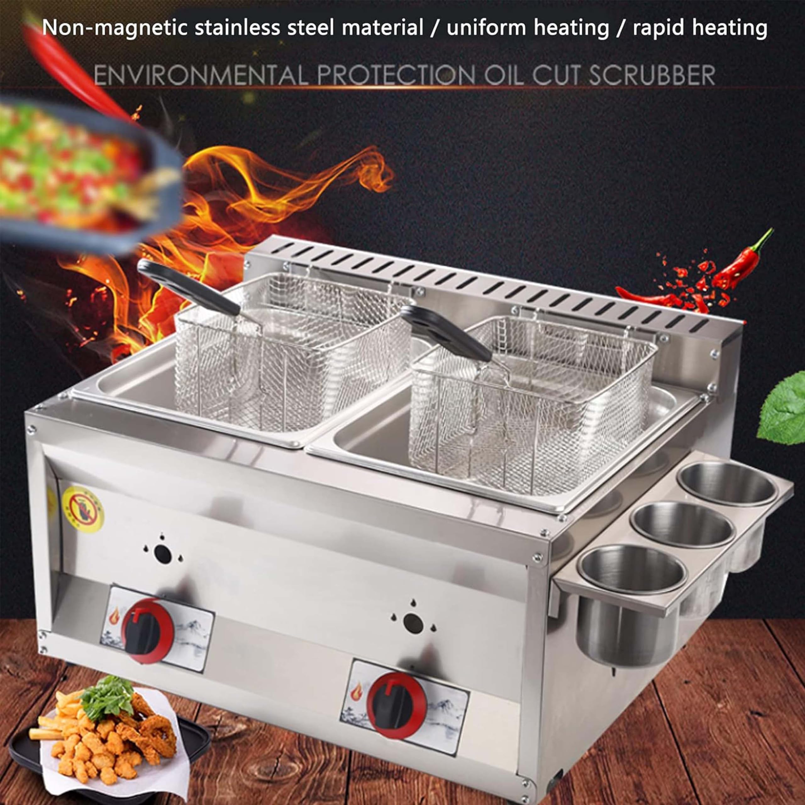 Friggitrice Commerciale 12 Litri, Friggitrice a Gas di Grande capacità Doppio Cestello Doppio Serbatoio, Patate Fritte in Acciaio Inossidabile Resistente da Banco per Ristoranti,A