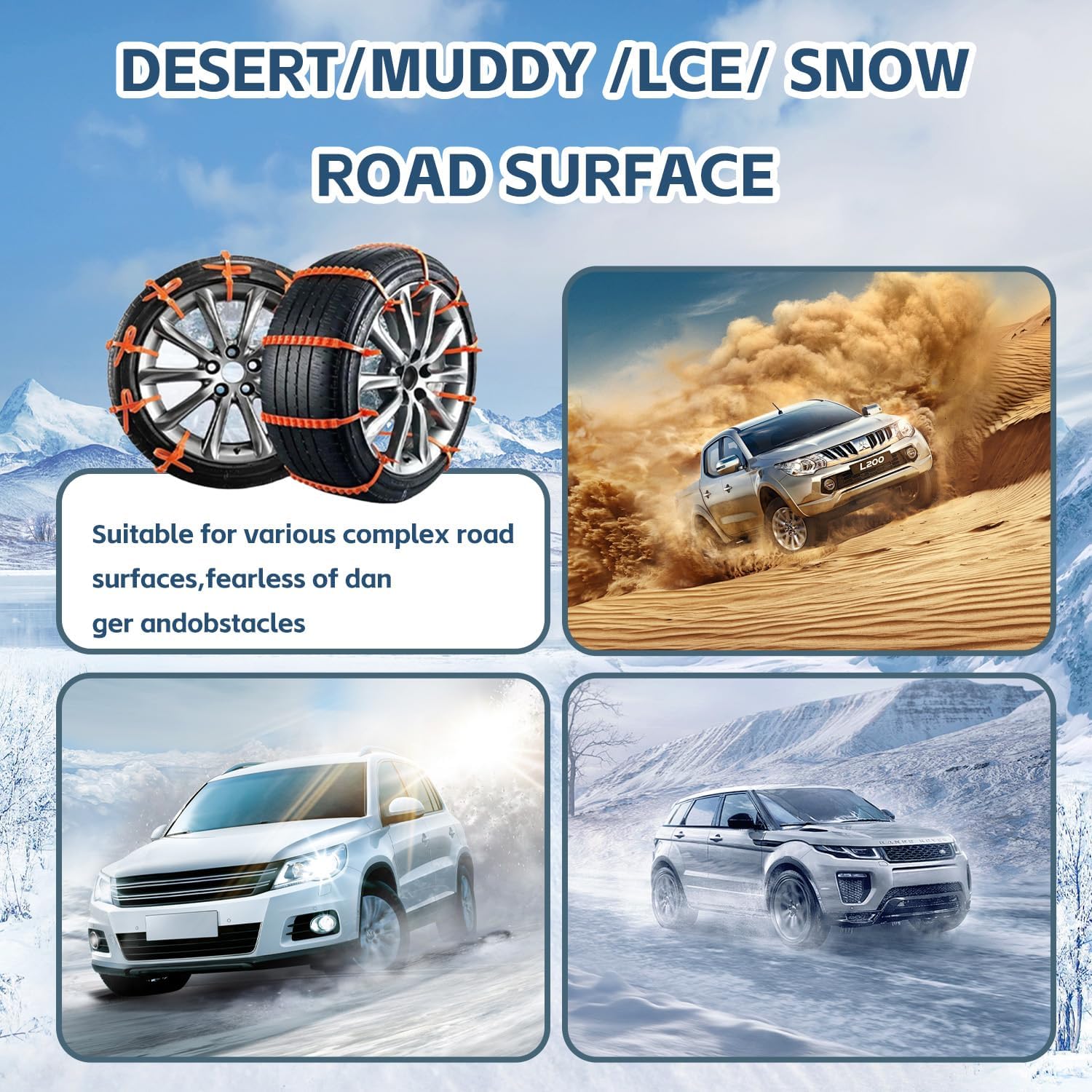 80PCS Universal Snow Tire Chains Reusable Emergency Anti-Slip Plastic Cable Ties for Pickup Trucks, SUVs & All Vehicles -Design for Muddy Roads & Winter Driving