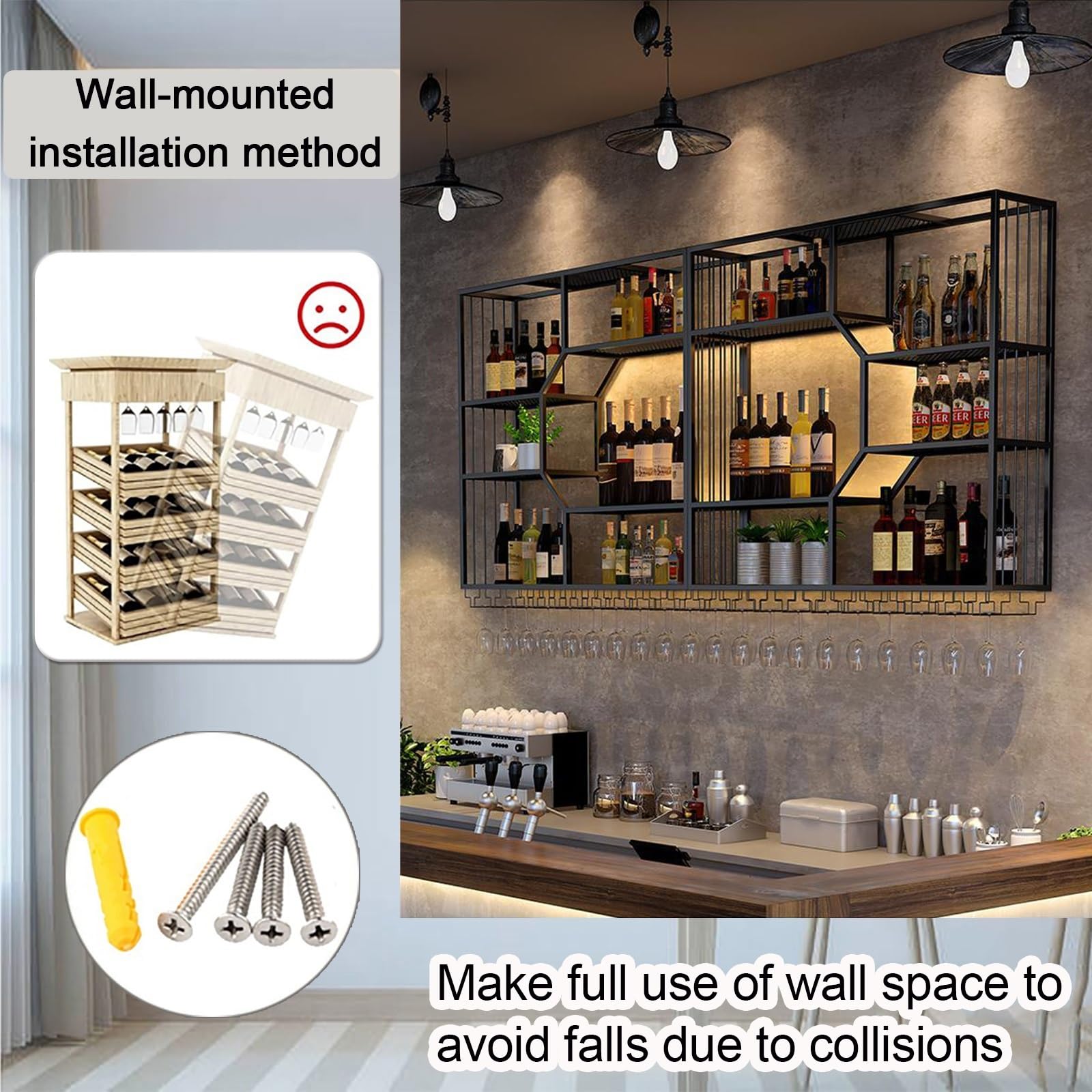 Botellero de pared LED, estante decorativo de metal para botellas y vasos, perfecto para cocina, bodega de vino o bar, soporte integrado para botellas y posavasos (86.6 pulgadas)