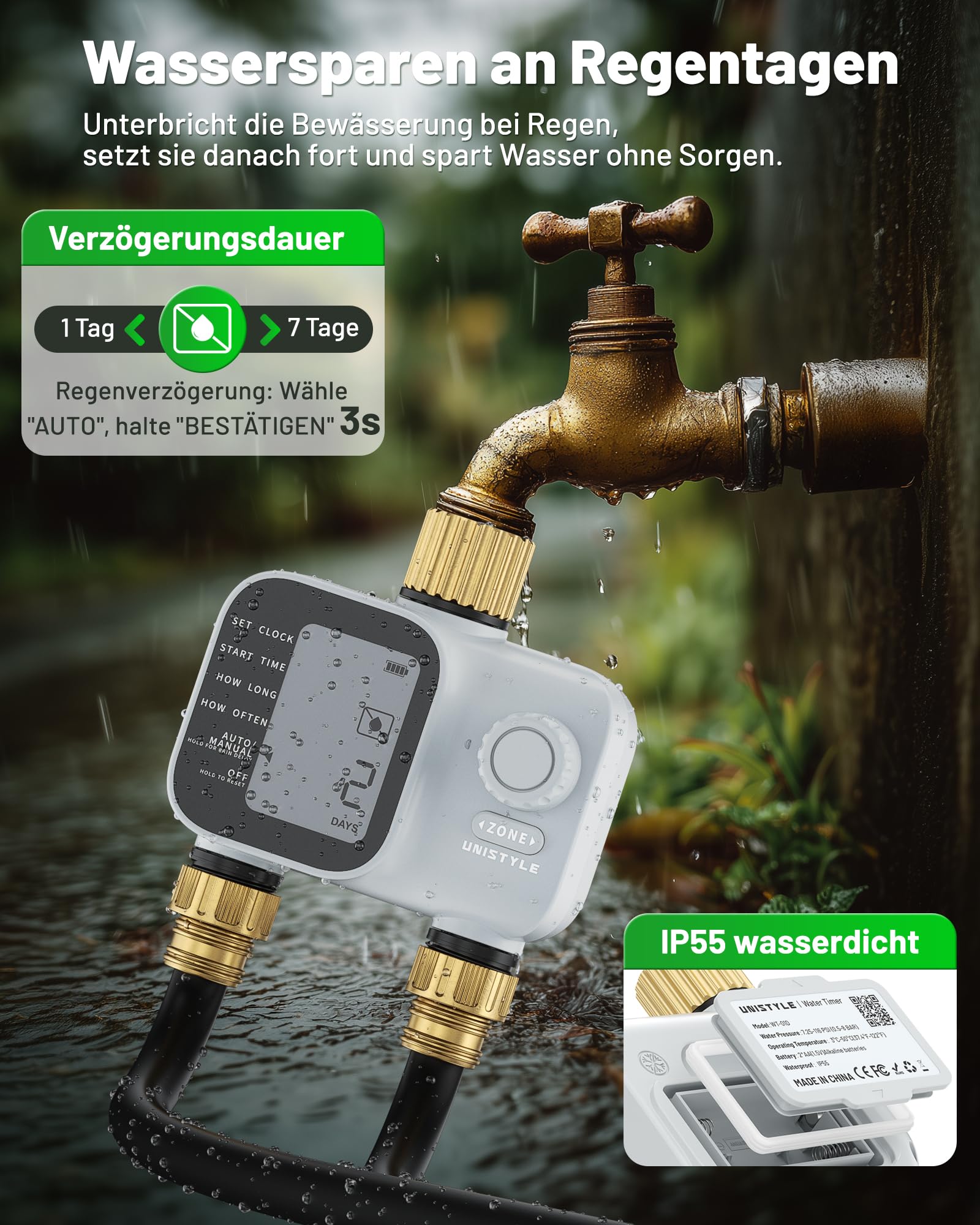Unistyle Bewässerungscomputer 2 Ausgänge | Neuauflage 2026 – Automatische Gartenbewässerung, einfache und intuitive Bedienung, Messinganschluss in Schwerausführung, flexible Bewässerungsprogramme