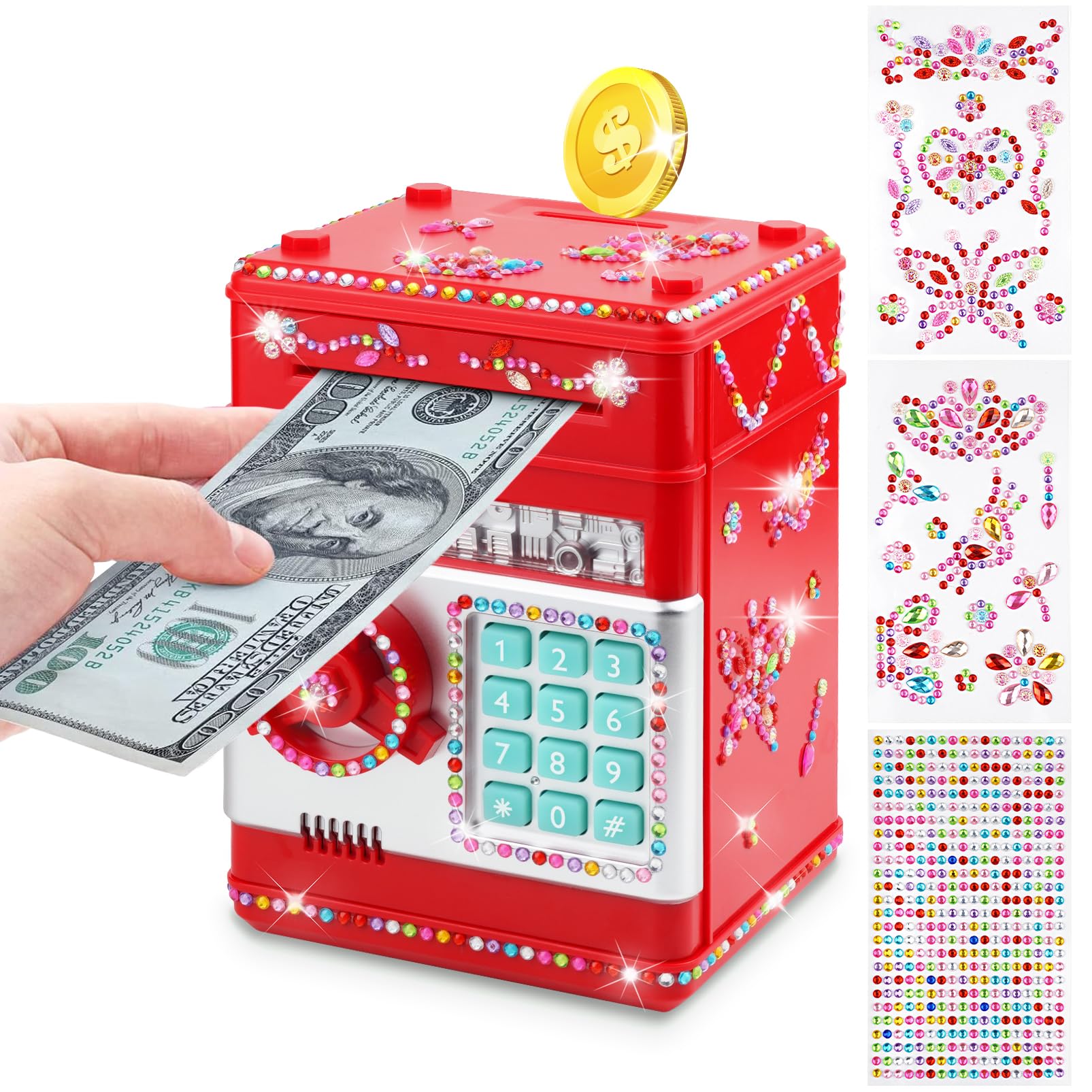 Piggy Bank for Kids Girls Boys with Password Code Lock Cash Coin Can Piggy Bank Girls Electronic Money Safe Bank for Kids Money Box with DIY Diamond
