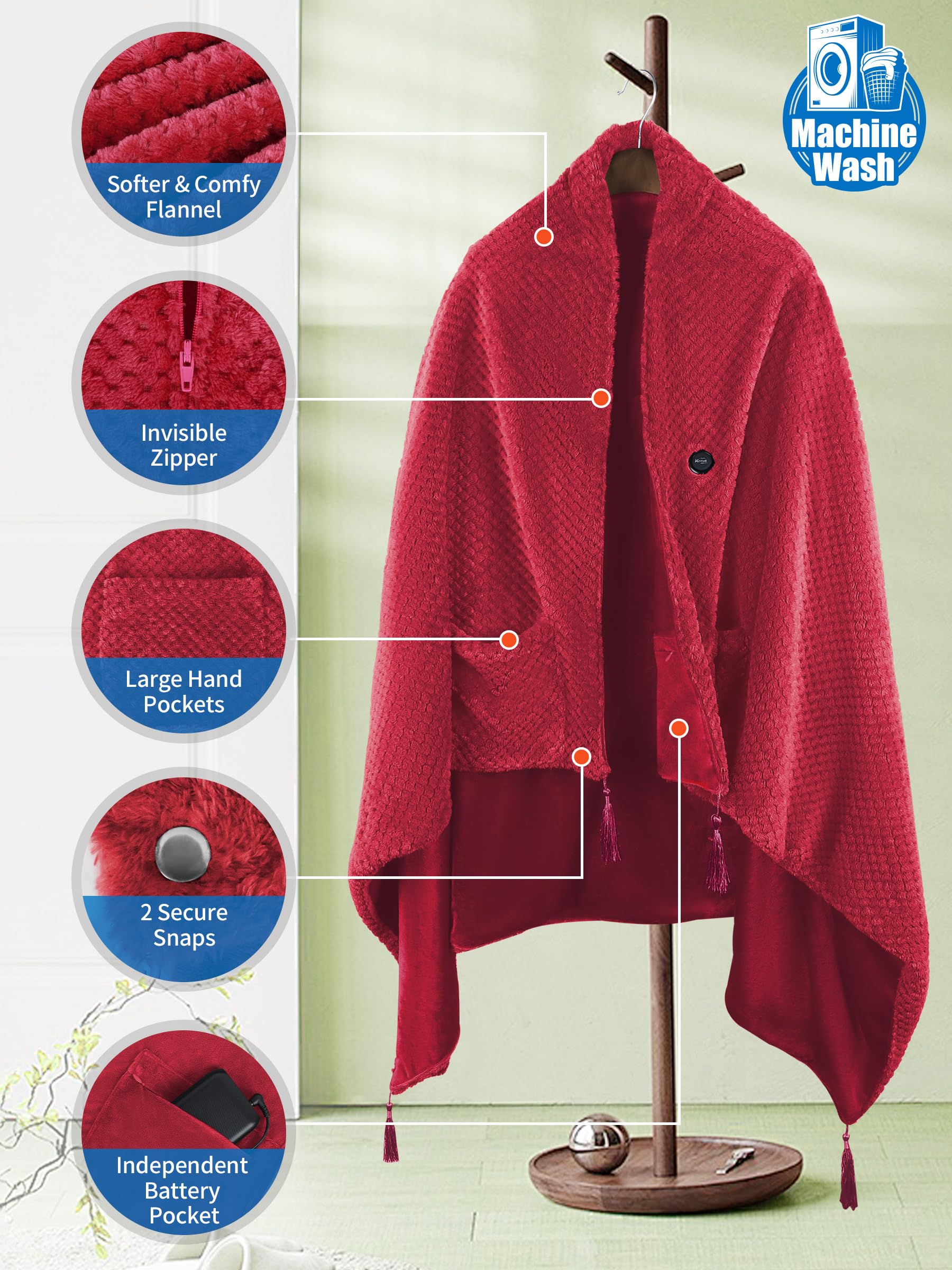 Coperta Riscaldante Elettrica con 20000 mAh Batteria senza fili, Coperta Indossabile Termica Elettrica con 4 Zone di Riscaldamento e 3 Livelli di Temperatura (Rosso, 100 x 150 cm)