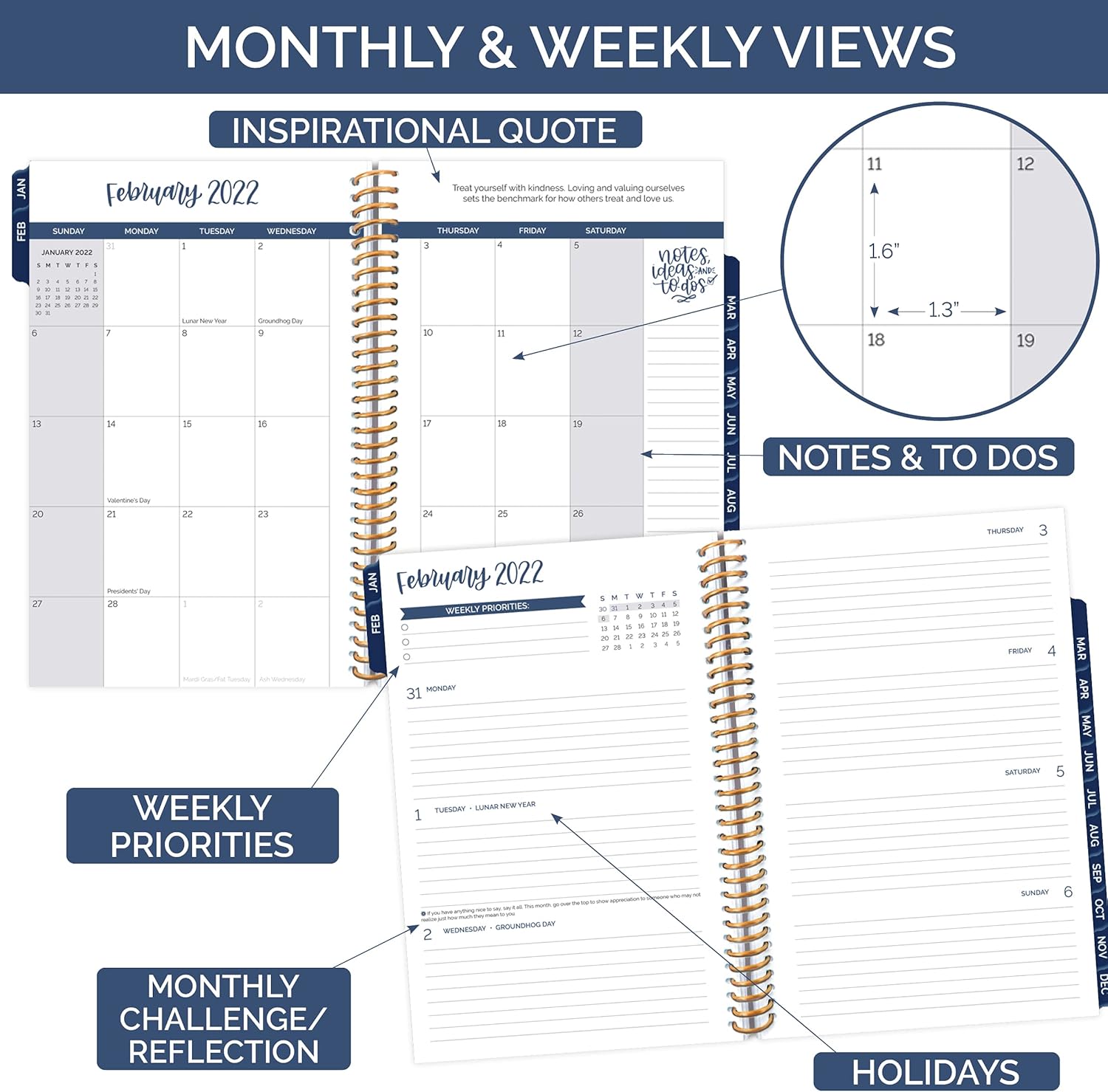 HARDCOVER bloom daily planners 2022 Calendar Year Day Planner (January 2022 - December 2022) - Passion/Goal Organizer - Monthly & Weekly Inspirational Agenda Book - 5.5" x 8.25" - Navy Embroidery : Office Products