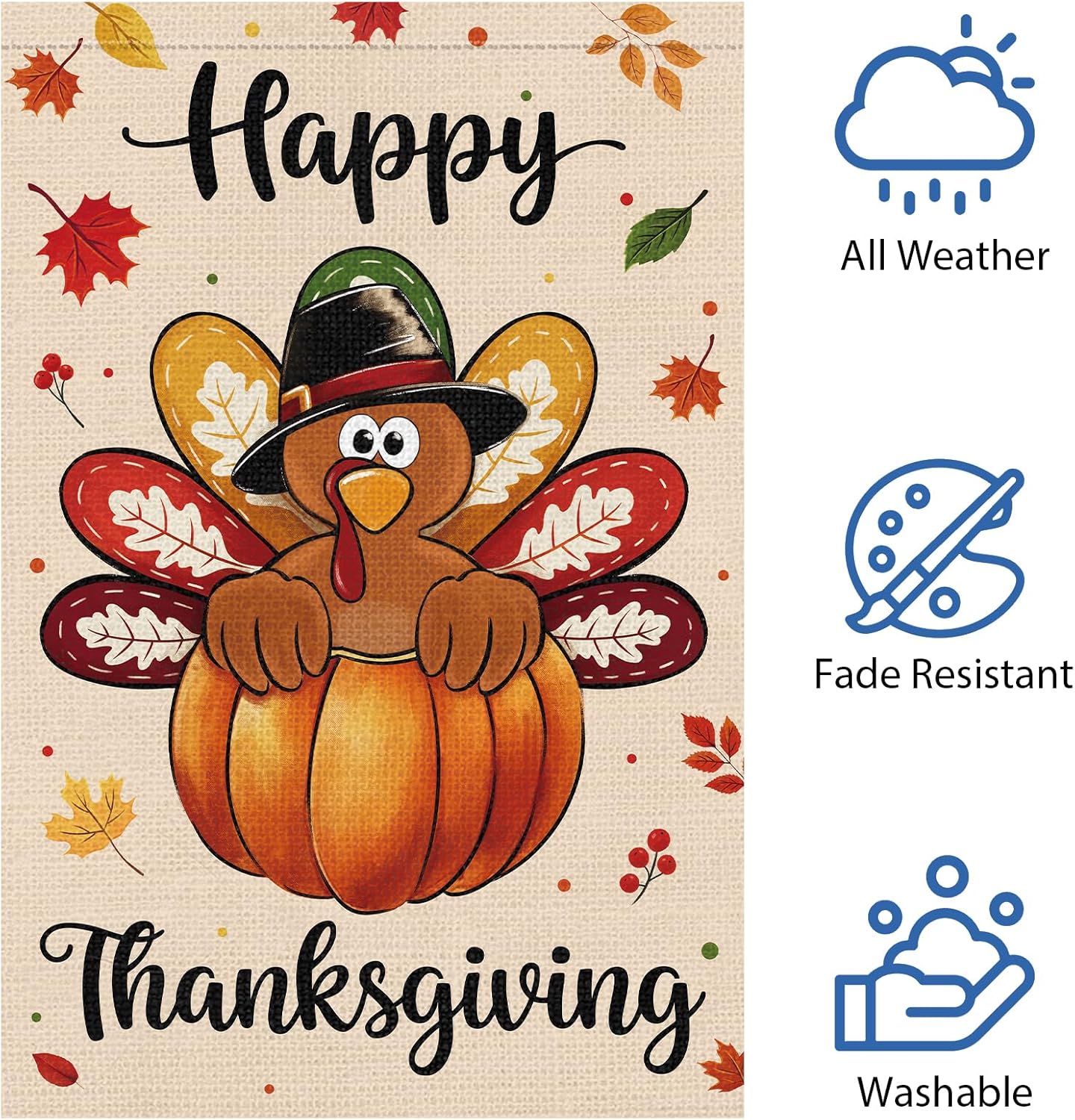 Heyfibro Happy Thanksgiving Turkey Garden Flag 12 x 18 Inch Vertical Double Sided Burlap, Fall Pumpkin Maple Leaves Yard Flags for Thanksgiving Day Harvest Seasonal Outdoor Decoration(ONLY FLAG) - Image 5