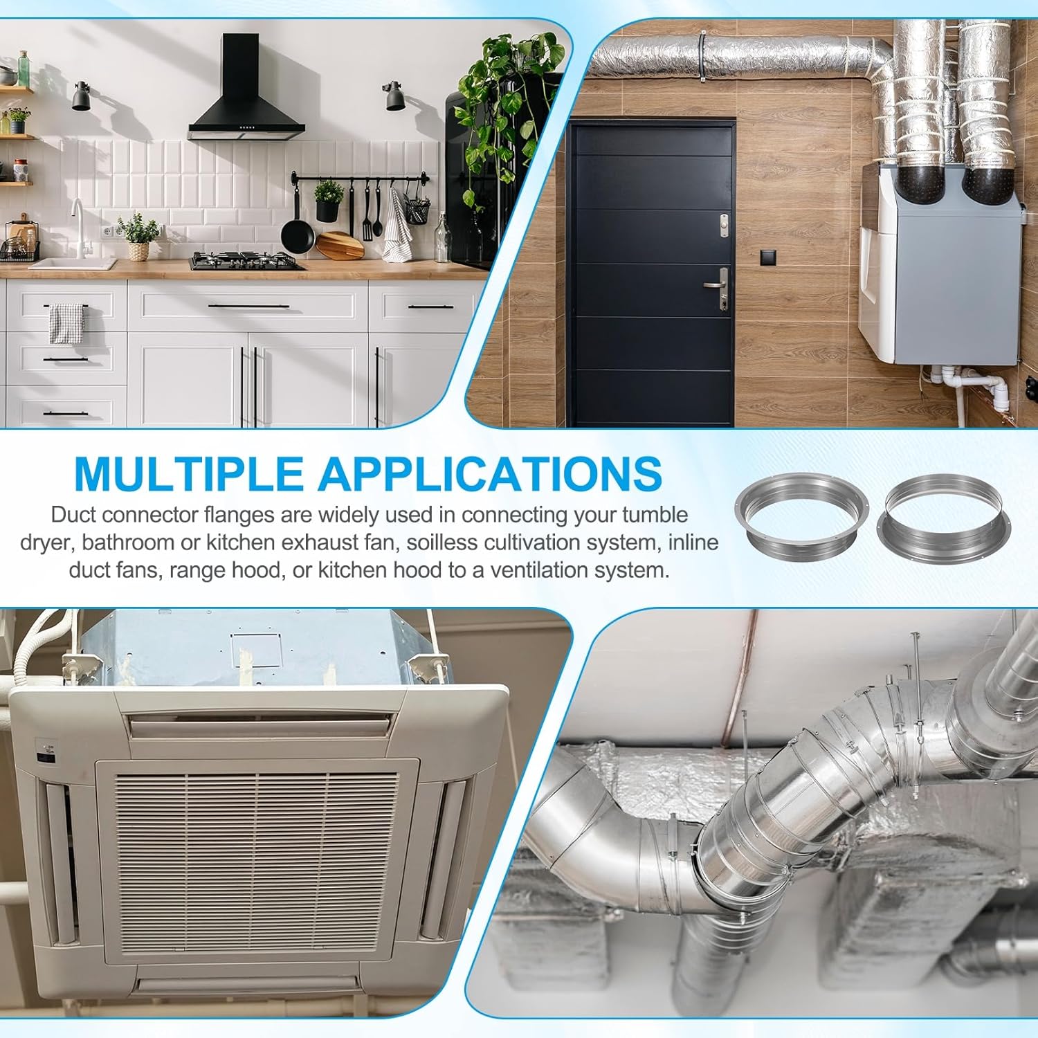 PATIKIL 10 Inch Duct Connector Flange, Galvanized Iron Straight Pipe Flange Interface Air Duct Connector with Clamp for Air Heating Cooling Ventilation HVAC System, Silver