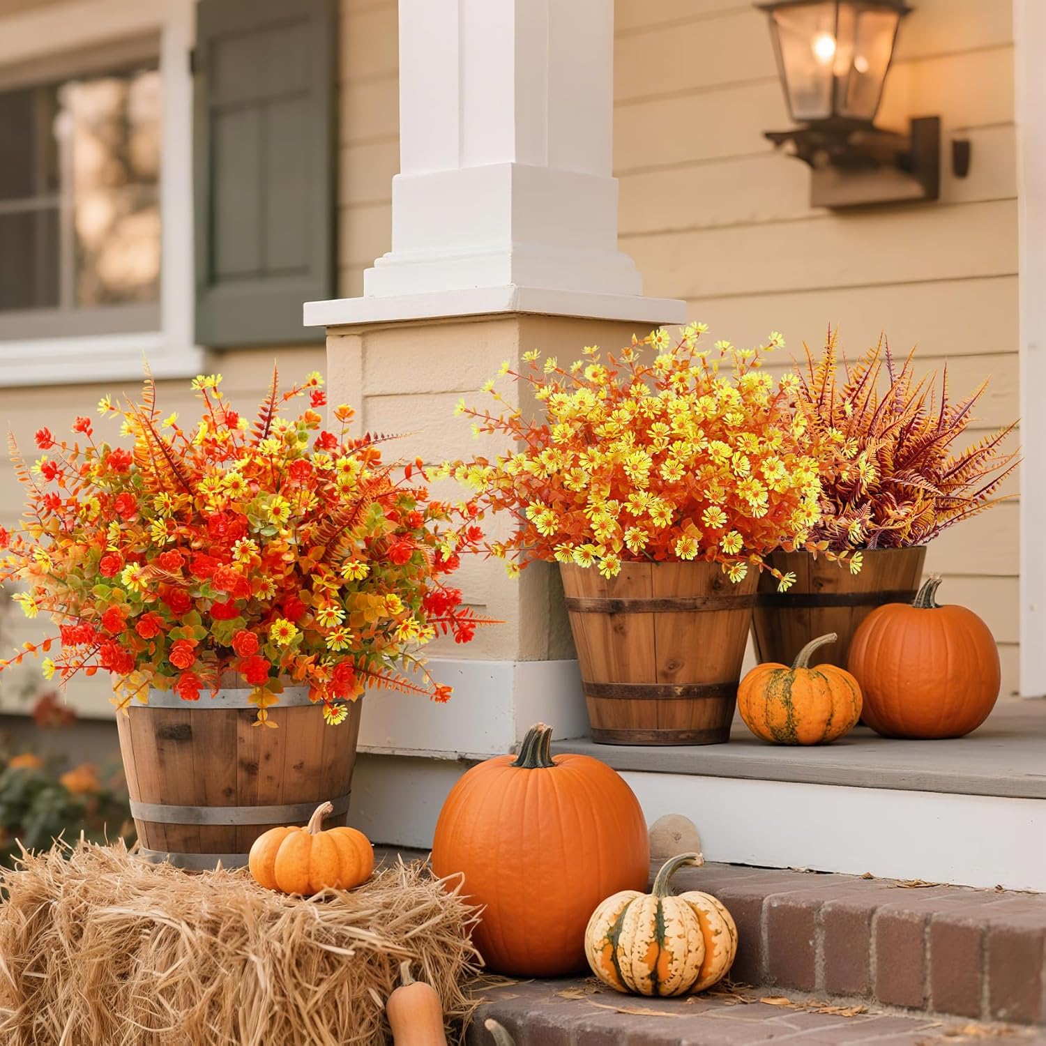 Roberly Artificial Fall Flowers for Outdoors Decoration, 12 Bundles Fake Mums Faux Orange Flowers Boston Fern Eucalyptus Plastic Plants for Garden Porch Autumn Thanksgiving Home Decor, Mixed Color - Image 3