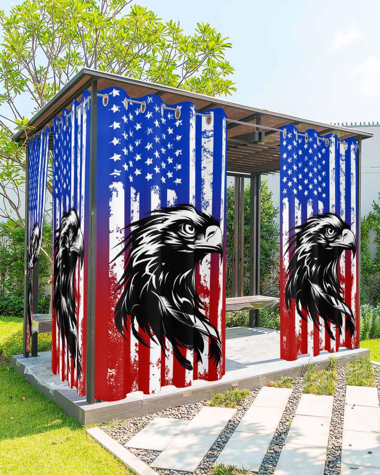 Waterproof Outdoor Curtains for Patio Porch, Independence Day American Flag Grommet Curtain Panel Windproof Outside Curtains Tieback, July 4th Abstract Eagle Weighted Window Treatment Drapes