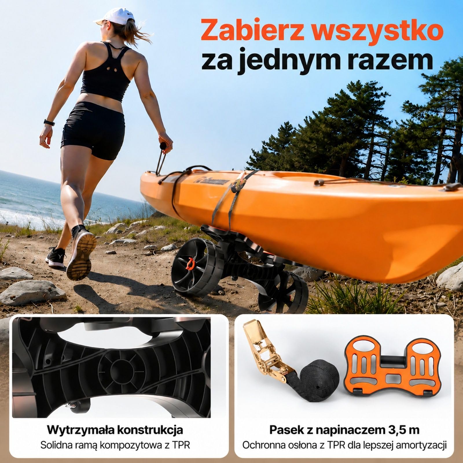 Składany wózek do kajaka z ramą nylon TPR, kołami z pełnej gumy i paskiem zapadkowym do kajaków, kanadyjek i desek paddleboard