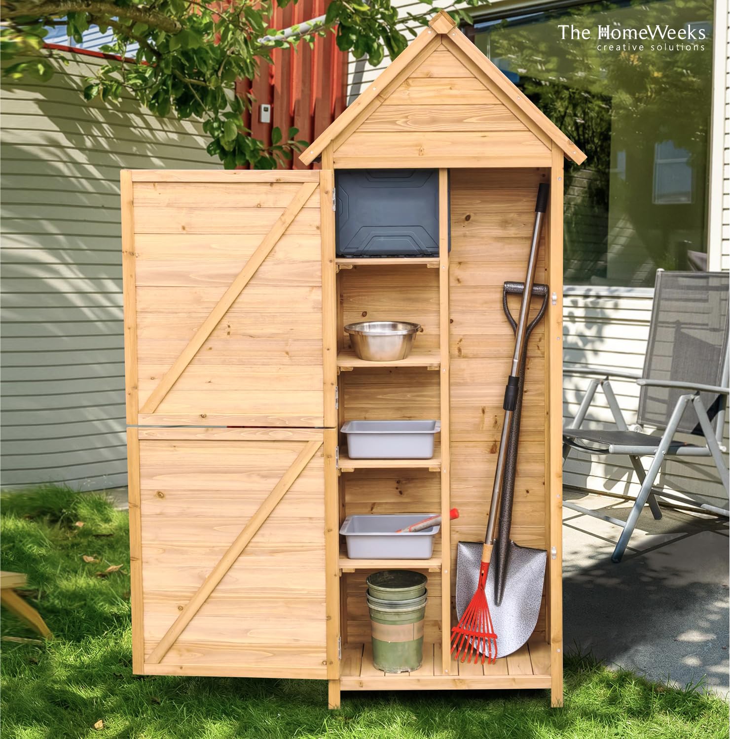 The Homeweeks Cobertizo Armario Caseta | Luka | Madera Tratada Maciza 70 * 35 * 177cm | Armario Multiusos | Impermeable | para Almacenamiento y Protección de Herramientas y Accesorios de Jardín