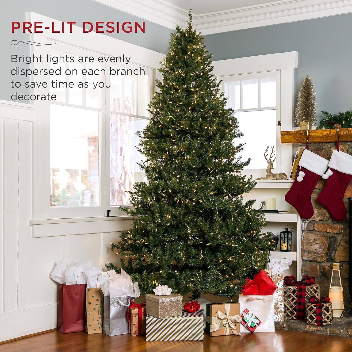Best Choice Products 7.5ft Pre-Lit Hinged Douglas Full Fir Artificial Christmas Tree Holiday Decoration w/ 2,254 Branch Tips, 700 Warm White Lights, Easy Assembly, Foldable Metal Stand