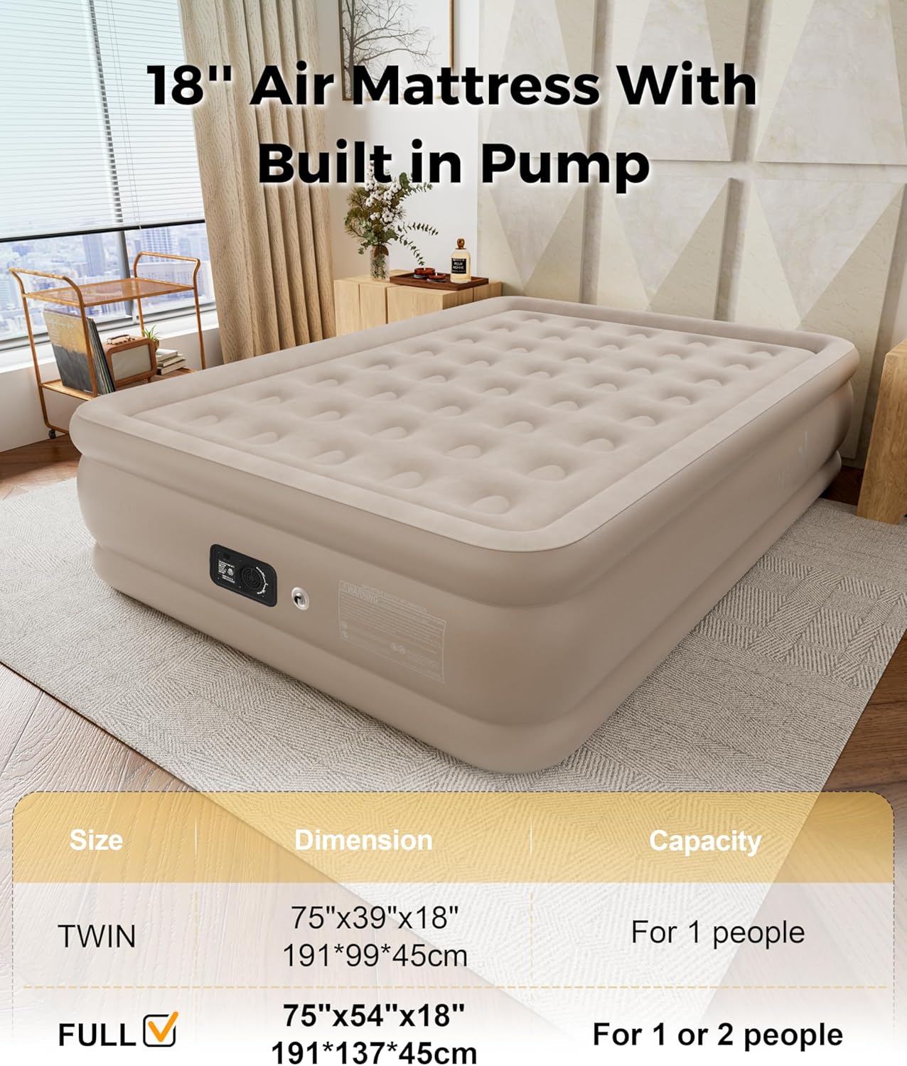 HikerSKY Full Air Mattress with Built in Pump, Single Blpw up Air Bed with Portable Storage Bag, Suitable for Home and Guests, Top Flocking, 18" Full Khaki