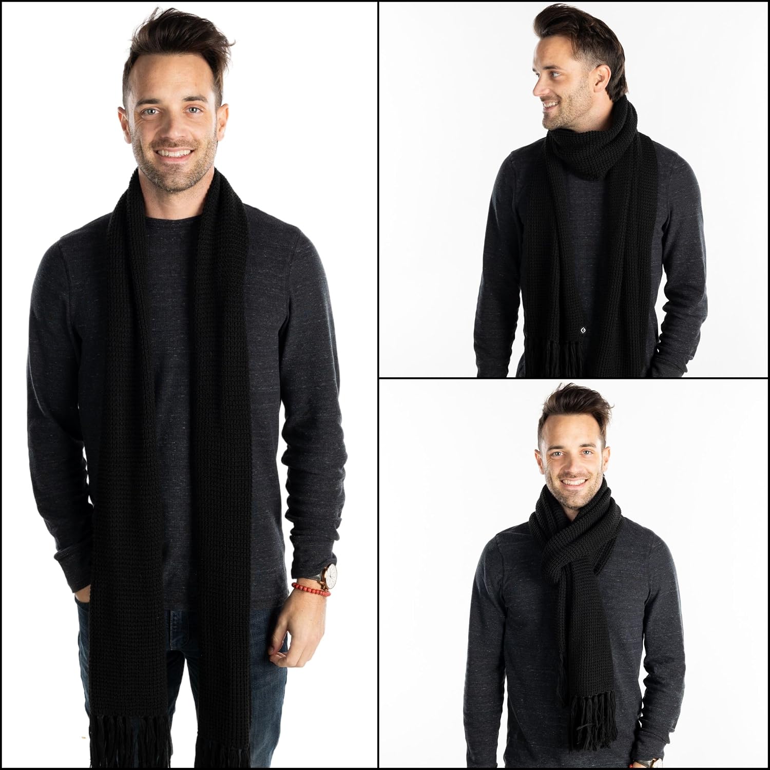 Funky Junque Men’s Waffle Knit Scarf – Warm Winter Scarves for Men with Tassels, Soft Knitted Long Scarf for Cold Weather