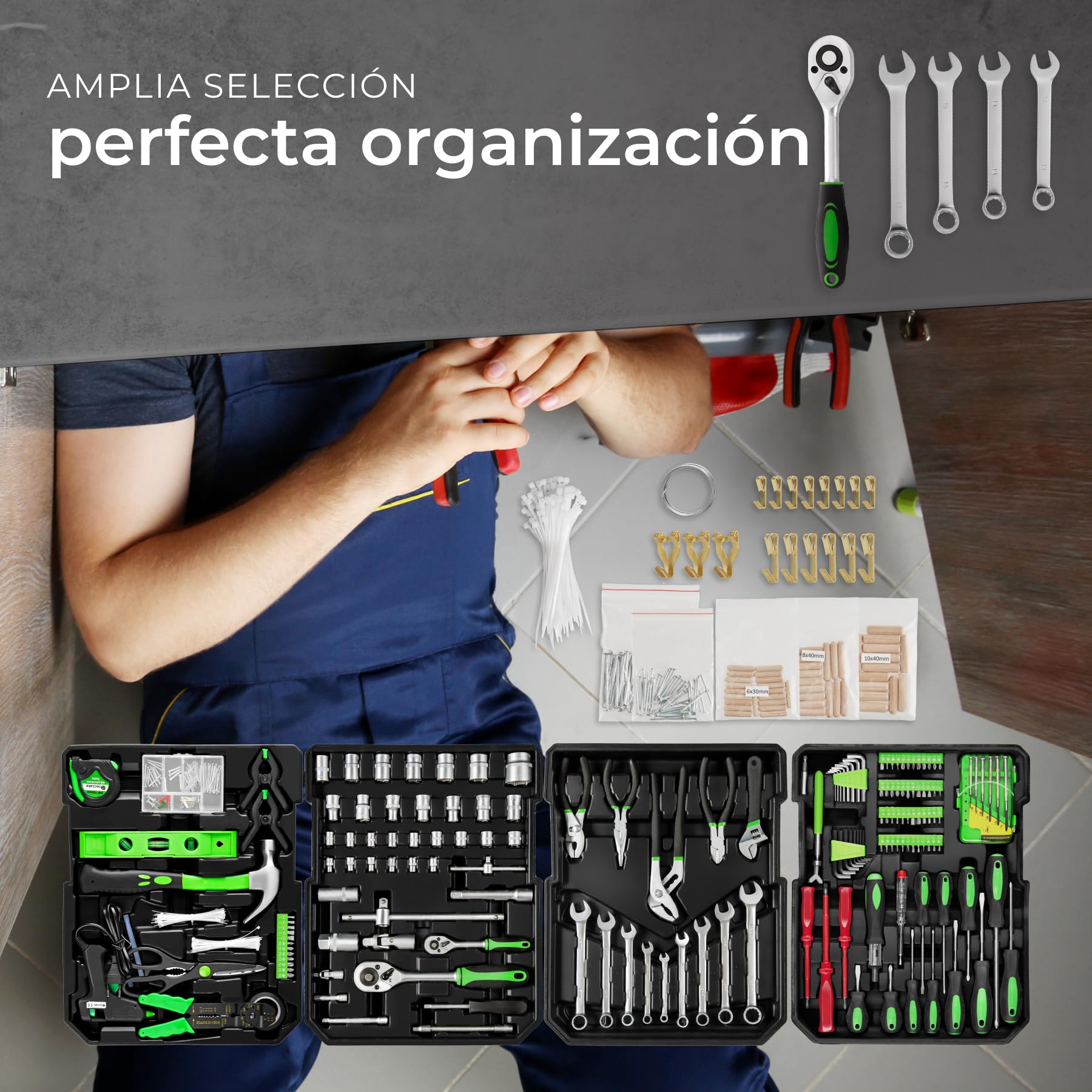 tectake® Maletín Herramientas Profesional con 1200 Piezas, Carro Herramientas con Asa Telescópica, Caja Herramientas Completa con 4 Niveles, Carro de Herramientas Taller Mecánico, Bricolaje - negro