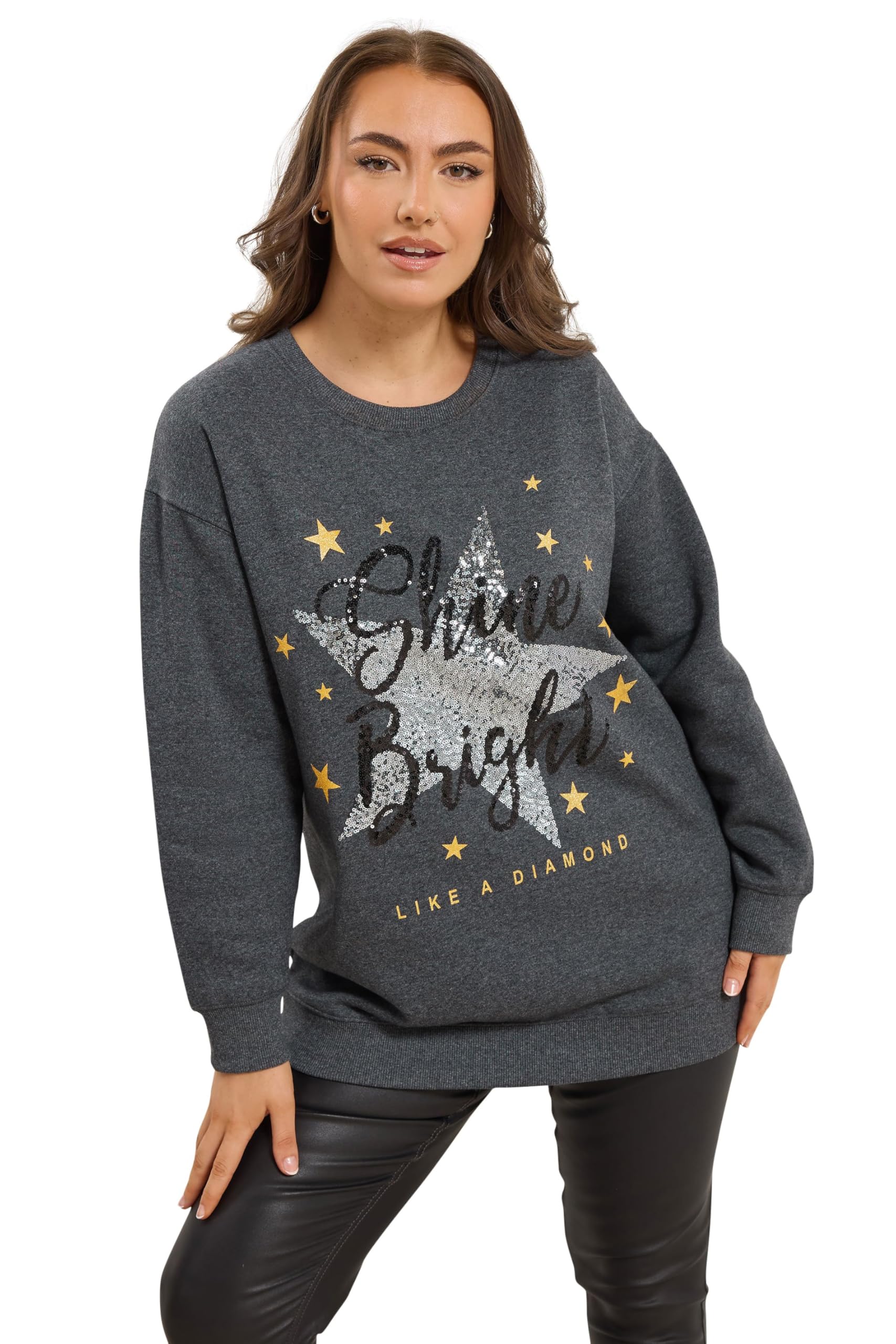 Yours Women's Grey Curve 'Shine Bright' Star Sequin Embellished Sweatshirt - Plus Size Curve