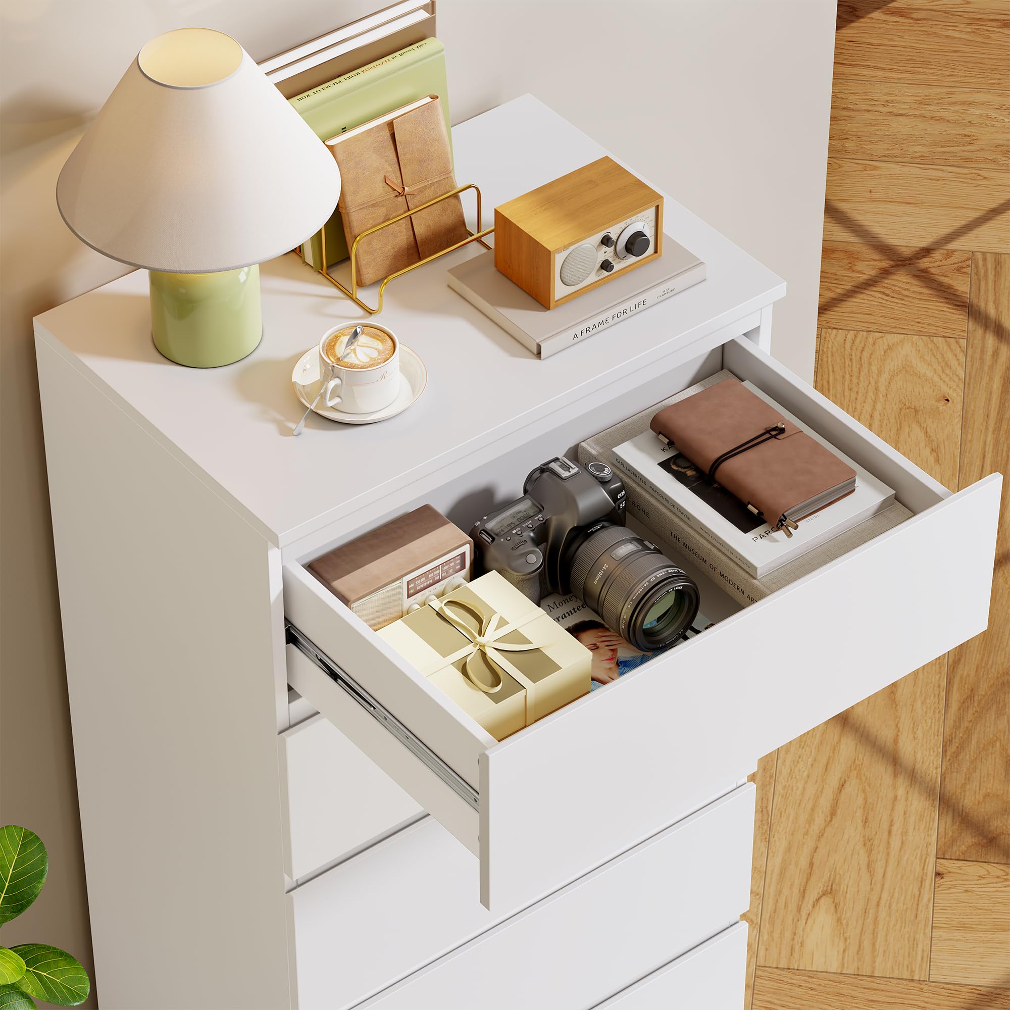 FOREHILL Cassettiera Comodino Bianco con 5 Cassetti Silenziosi e Scorrevoli | Comò Comodino con Cassetti,Senza Maniglia,Design Salvaspazio Verticale,Ingombro Ridotto,per Corridoio Cameretta,55x33x100cm