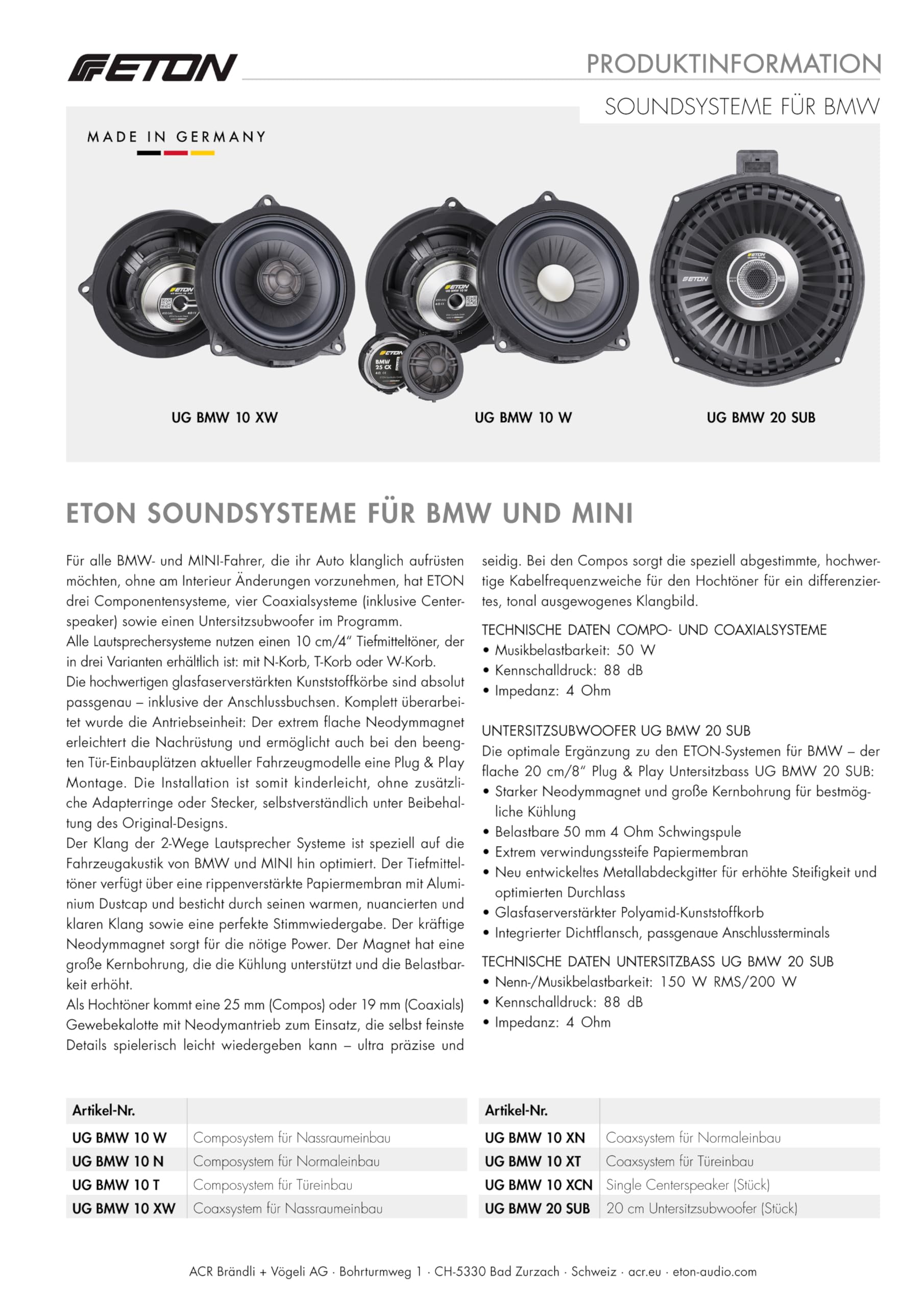 ETON UG-BMW10XT – 10 cm / 4" 2-drożny system koastalny Plug & Play, zestaw głośników samochodowych kompatybilny z pojazdami BMW i MINI, system dźwiękowy do montażu w drzwiach (koszyk T), 1 para