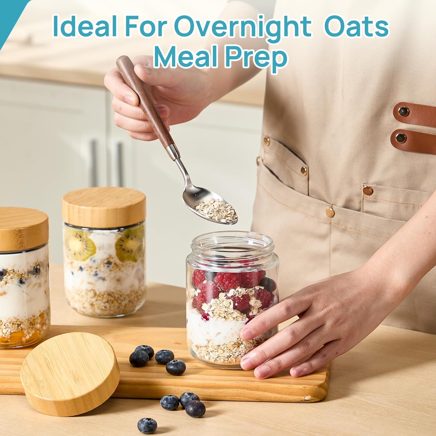 Vtopmart 6 Pack 16oz Glass Overnight Oats Containers with Bamboo Lids, Portable Wide Mouth Glass Jars Leak-proof, Reusable Glass Food Storage Containers for Yogurt Chia Pudding Salad Pickling Snacks - Image 3
