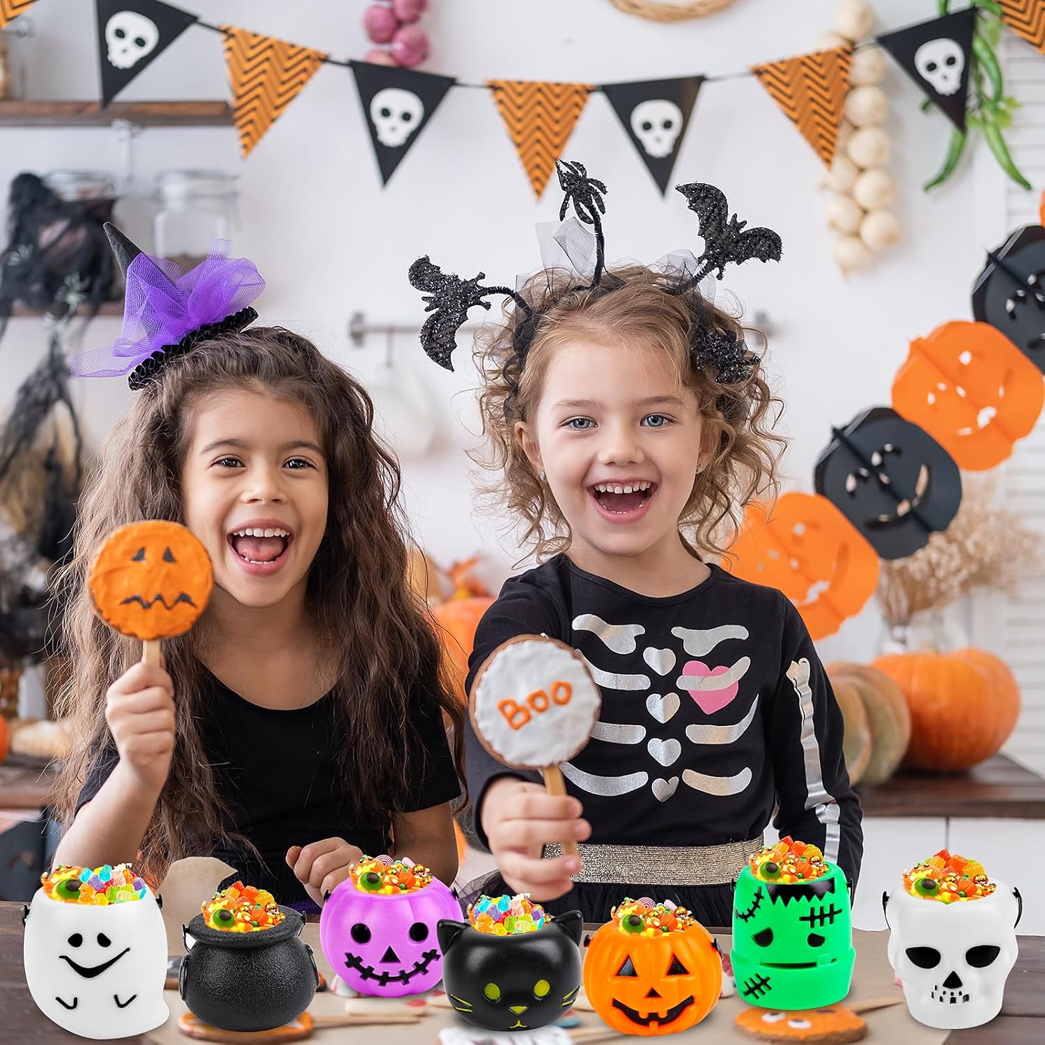 FOIMAS 14 Pack Mini Halloween Candy Cauldron,Pumpkin Ghost Candy Bucket Holder with Handles for Trick or Treat Halloween Party Favor Home Decoration Supply image 5