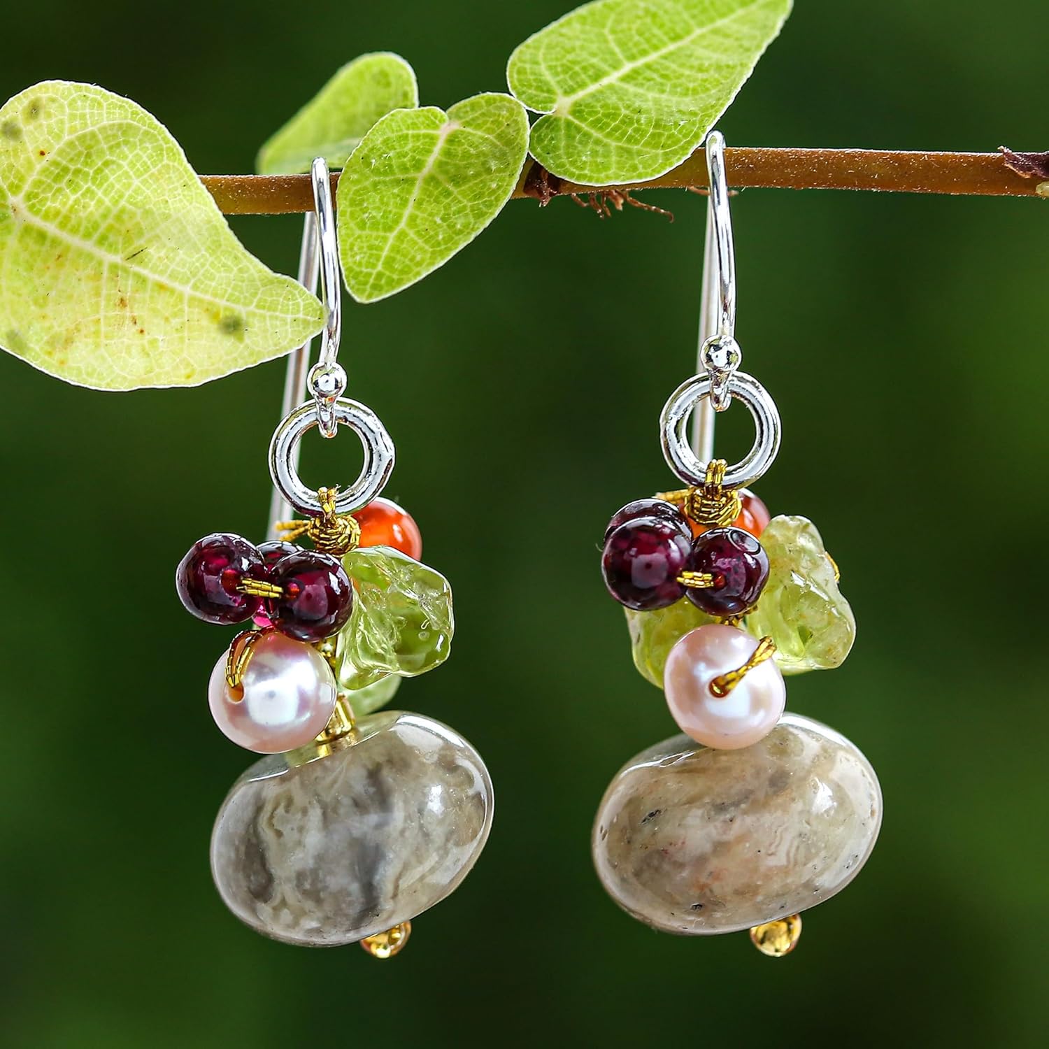 NOVICA Artisan Handmade Jasper Cultured Pearl Dangle Earrings Thai Sterling Silver Peridot Freshwater White Green Bar Cluster Thailand Birthstone [1.4 in L x 0.6 in W] ' Exotic Cluster'