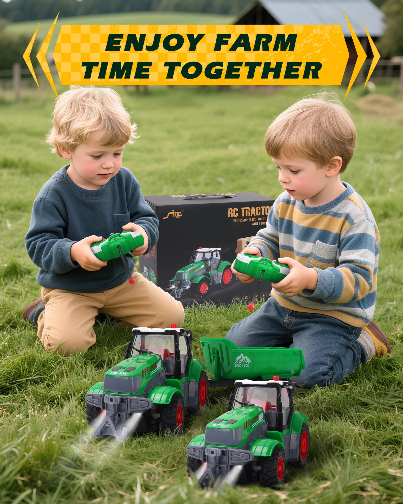 Tractor de control remoto, escala 1/24 con remolque volquete, juguete de vehículo agrícola RC recargable con luz y sonido para niños, regalo ideal de cumpleaños de Navidad para niños y niñas 4