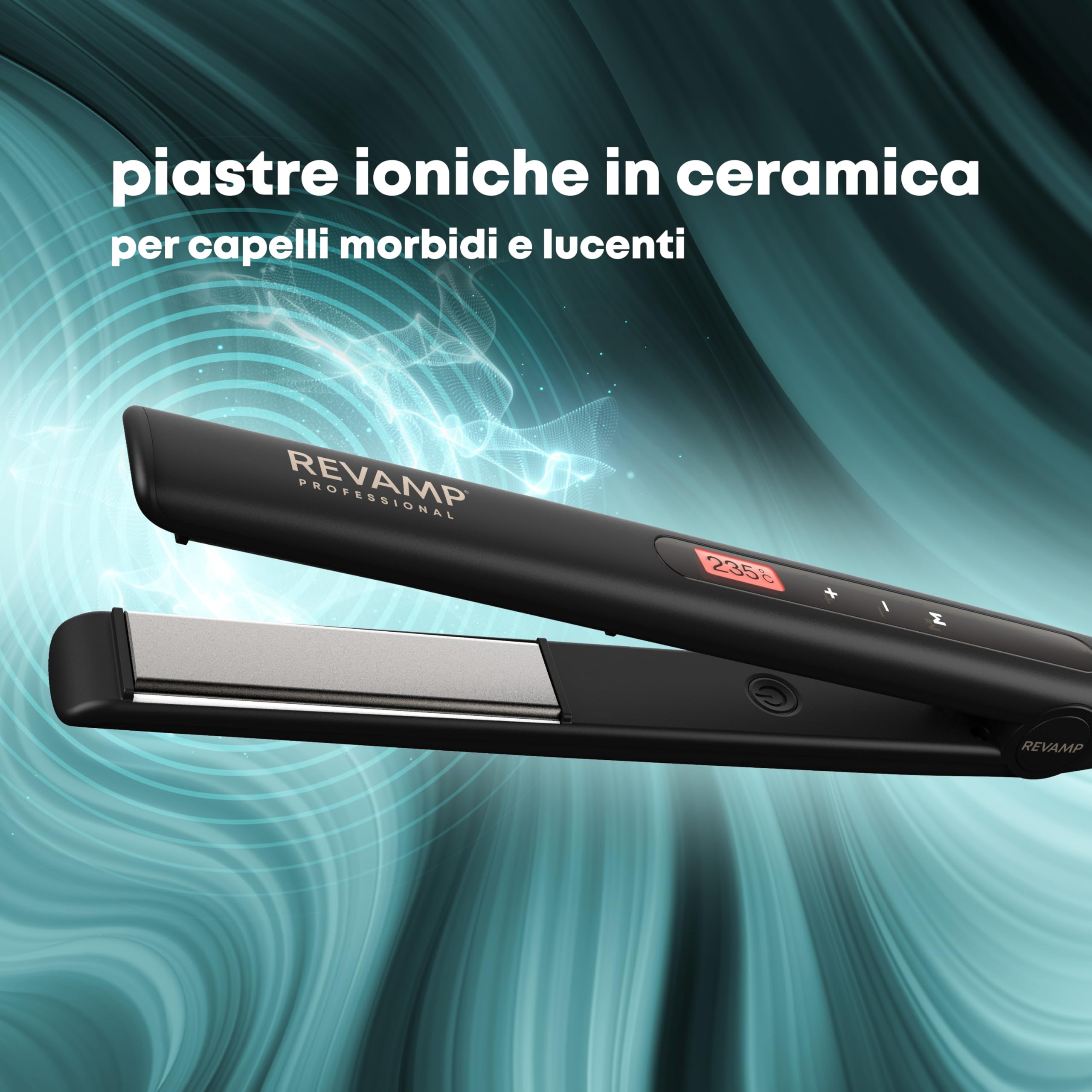 REVAMP Progloss Touch Digital, Piastra per Capelli Professionale in Ceramica con Tecnologia Ionica, Capelli Lisci in Pochi Istanti, Infusa con Oli Liscianti Anticrespo, Temperatura 80°C-235°C, Nero