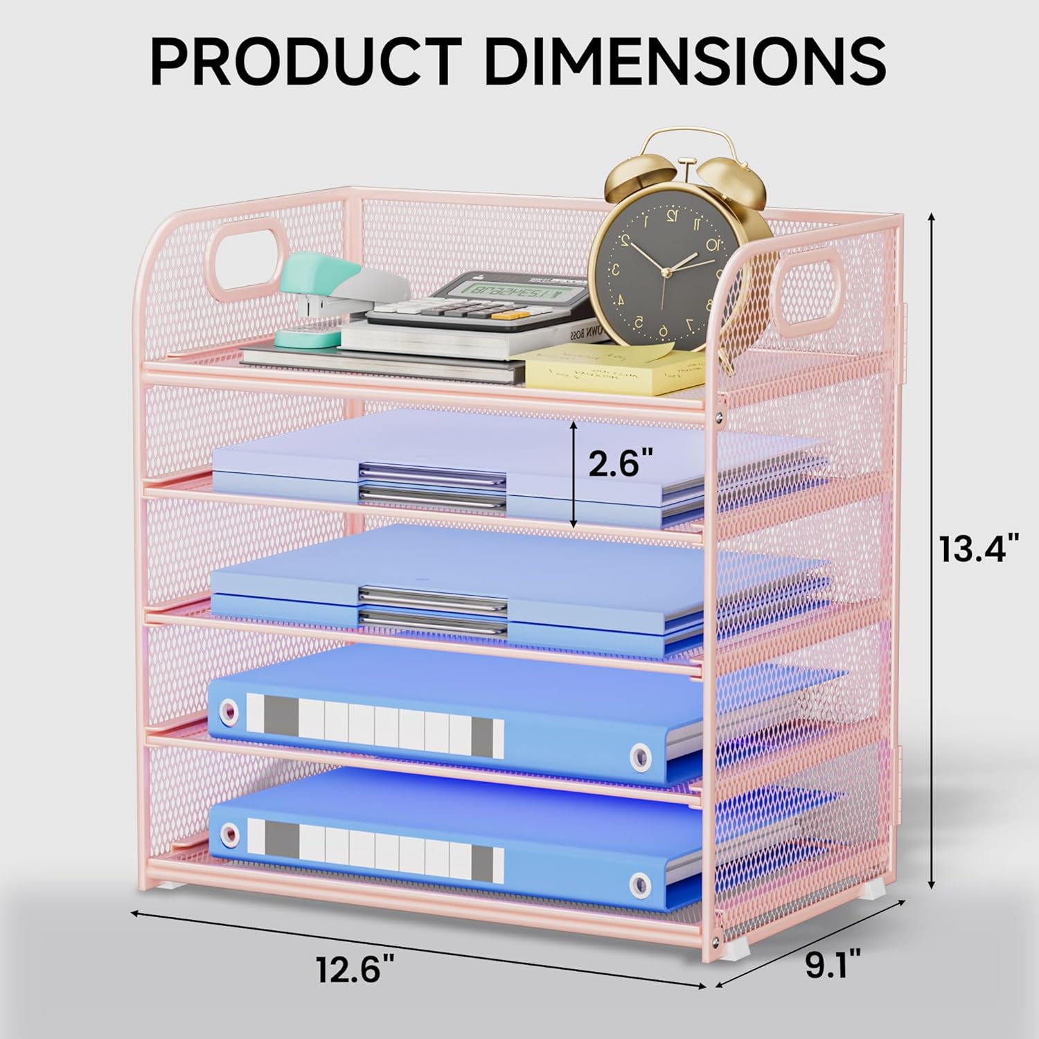 5-Tier Stackable Paper Organizer with Handle, Pink Metal Mesh Letter Tray | Stylish Desk File Sorter for Office, Home & Classroom Supplies - Image 2